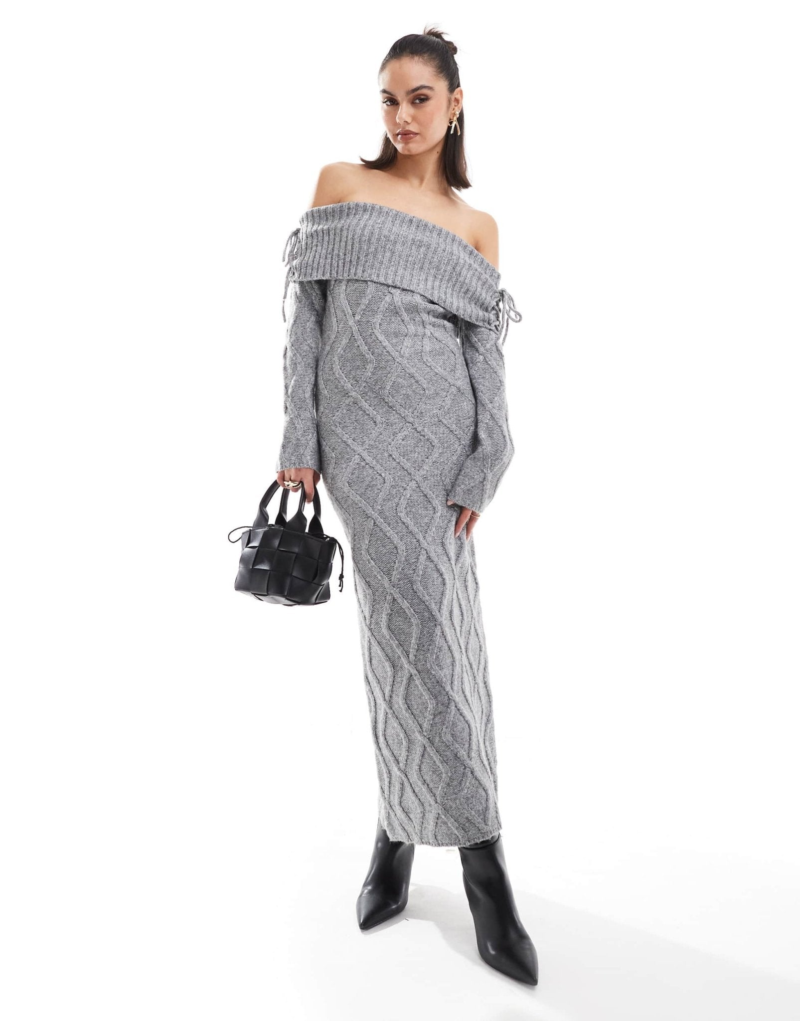 The Frolic exclusive cable knit bardot maxi jumper dress in grey - ASOS Sample Sale