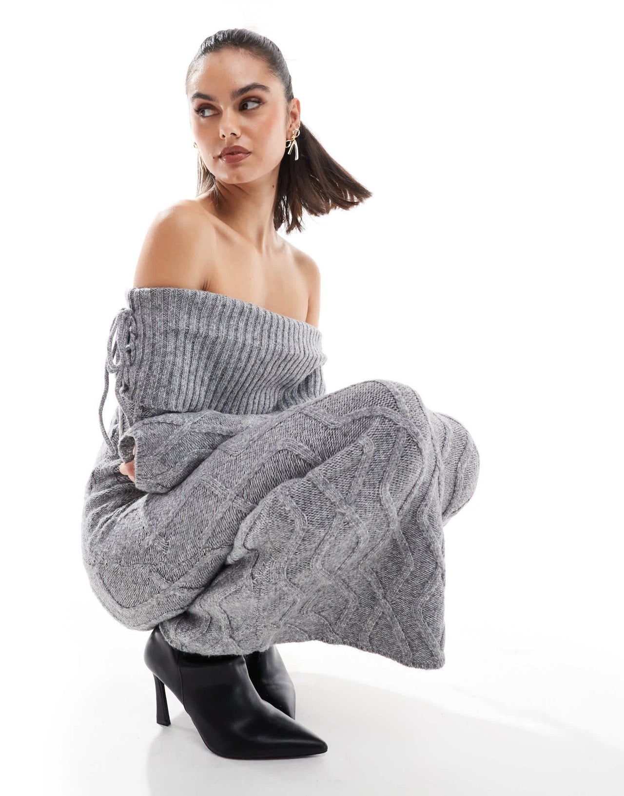 The Frolic exclusive cable knit bardot maxi jumper dress in grey - ASOS Sample Sale
