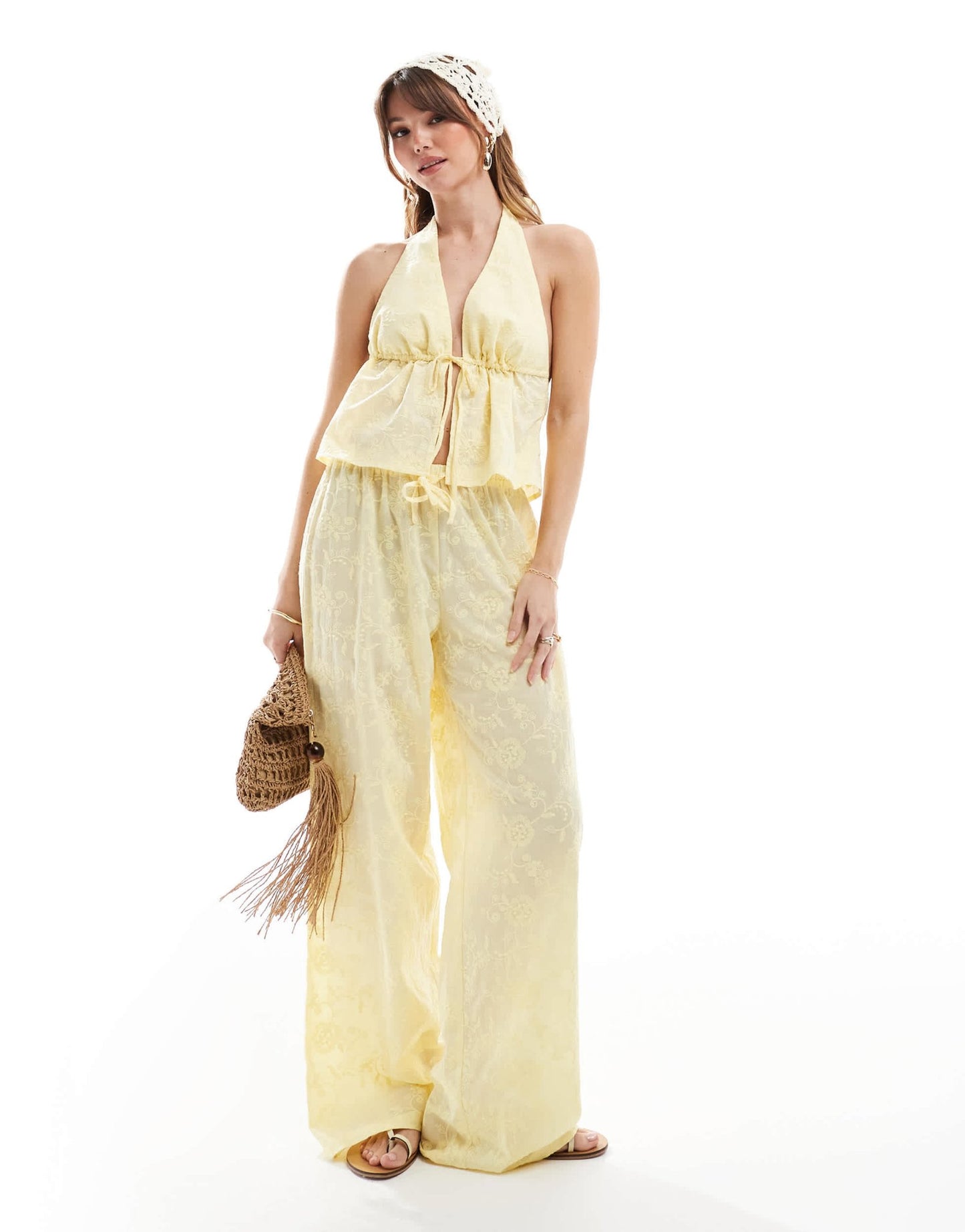 The Frolic exclusive halterneck tie front embroidered beach top co - ord in lemon yellow - ASOS Sample Sale