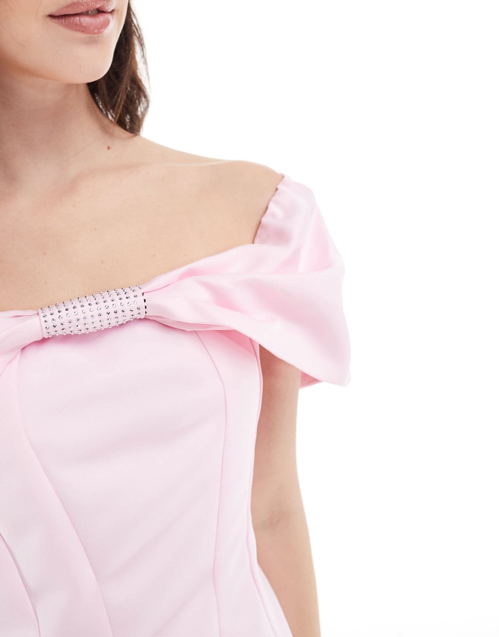 The Frolic exclusive heavy satin bow bandeau diamante detail bodycon mini dress in baby pink - ASOS Sample Sale