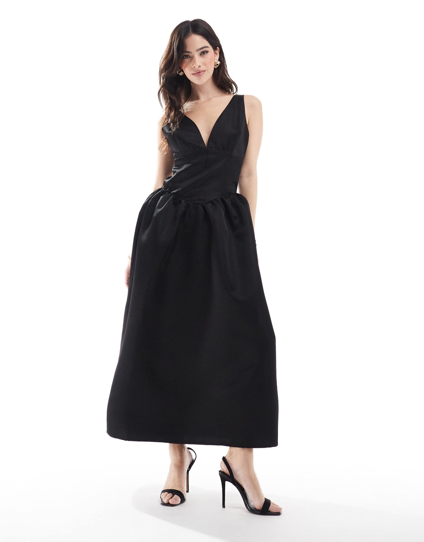 The Frolic exclusive heavy satin deep plunge corset midaxi dress in black - ASOS Sample Sale