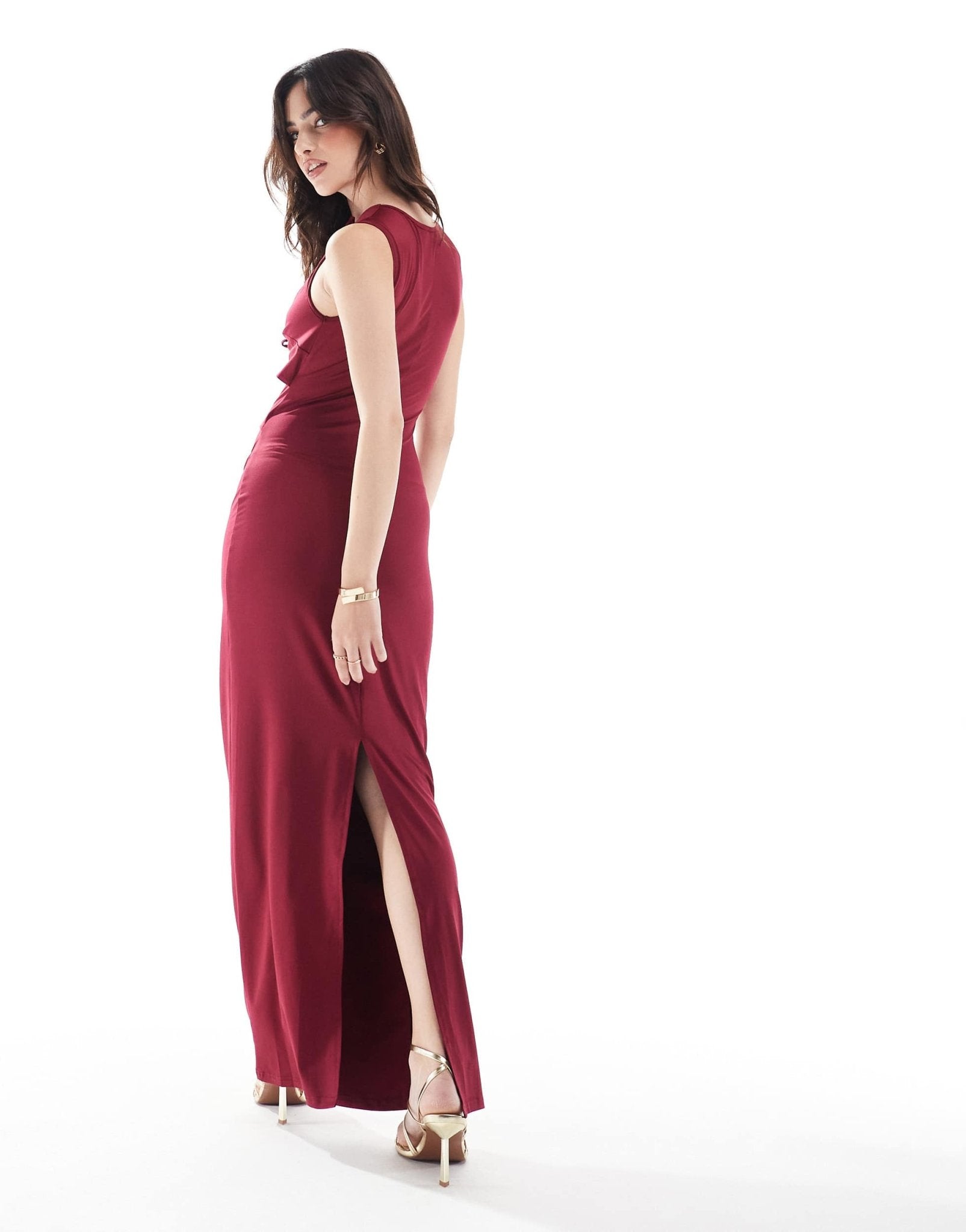 The Frolic exclusive high neck cut out tie front maxi bodycon dress in deep red - ASOS Sample Sale