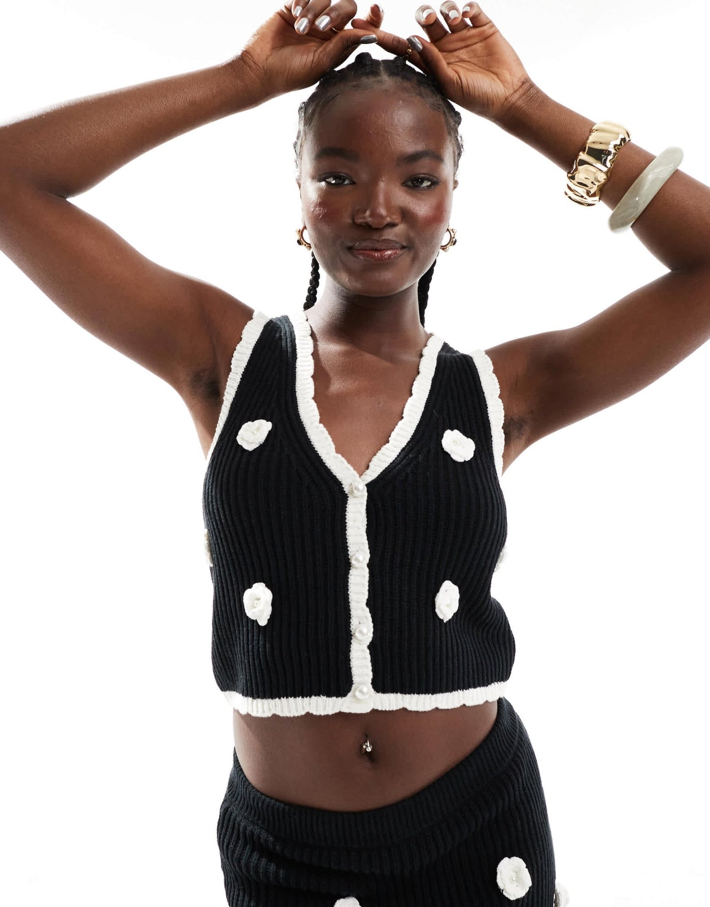The Frolic exclusive knitted pearl flower applique beach waistcoat top co - ord in black and cream - ASOS Sample Sale