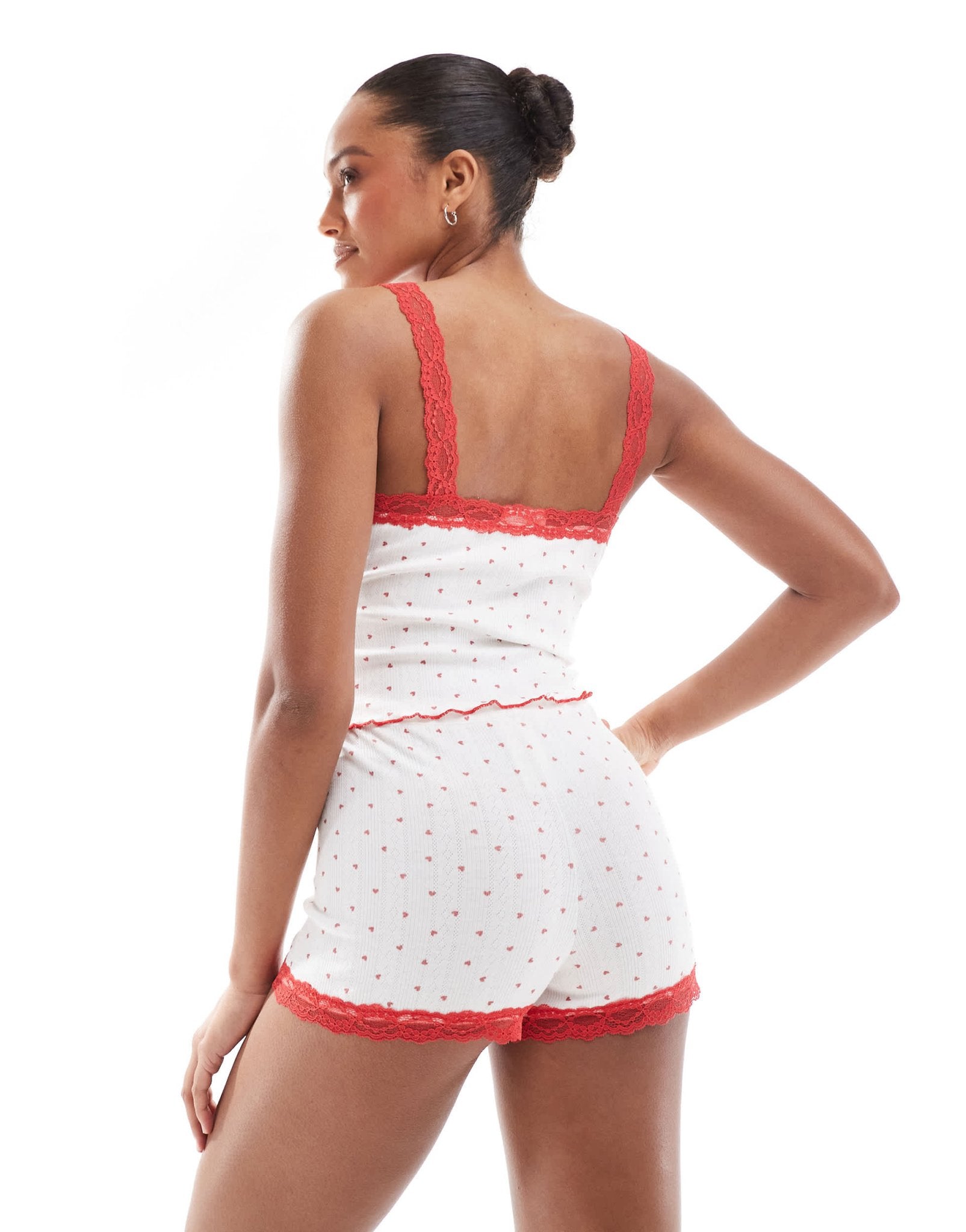 The Frolic exclusive pointelle red lace trim pyjama shorts co - ord in heart print - ASOS Sample Sale