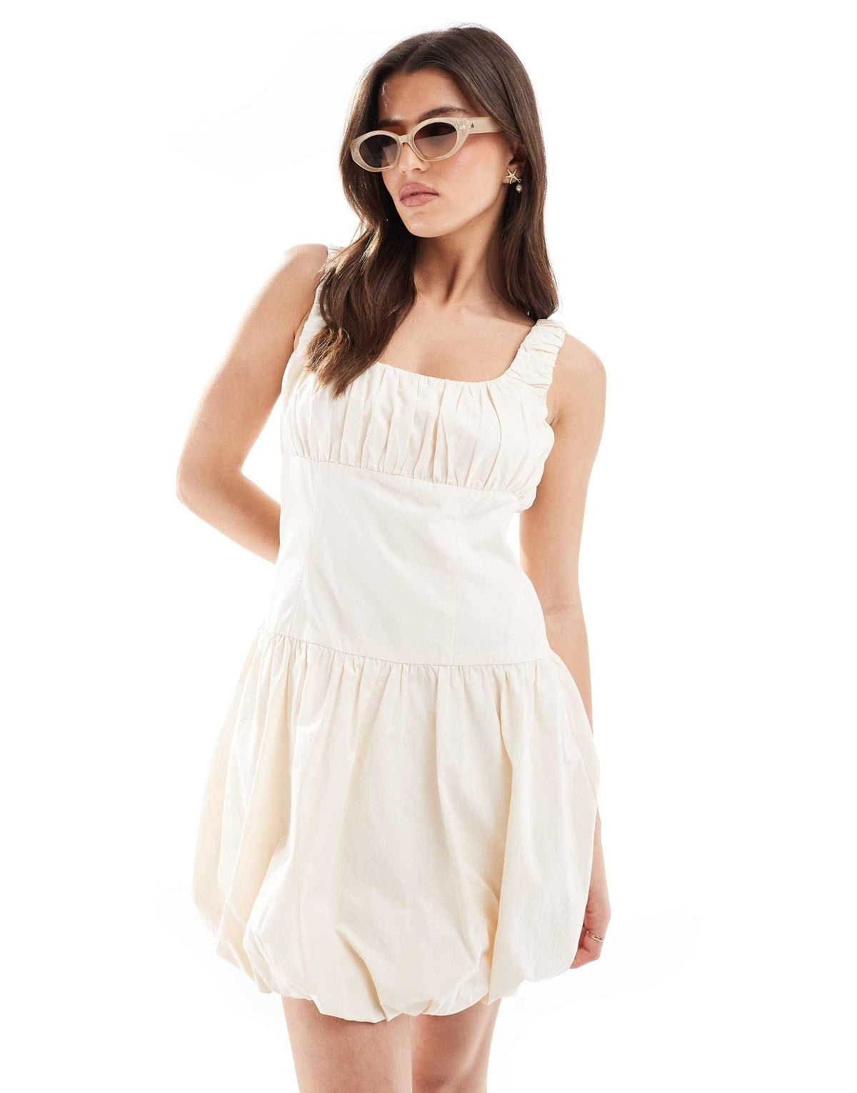 The Frolic exclusive poplin ruched bust dropped waist puffball mini dress in cream - ASOS Sample Sale