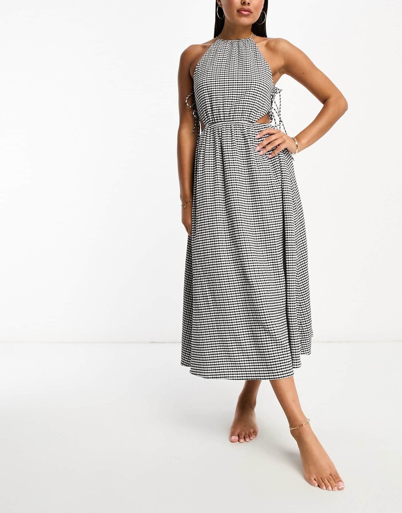 The Frolic exclusive rubellite woven tie detail hater midaxi summer dress in black and white textured gingham - ASOS Sample Sale