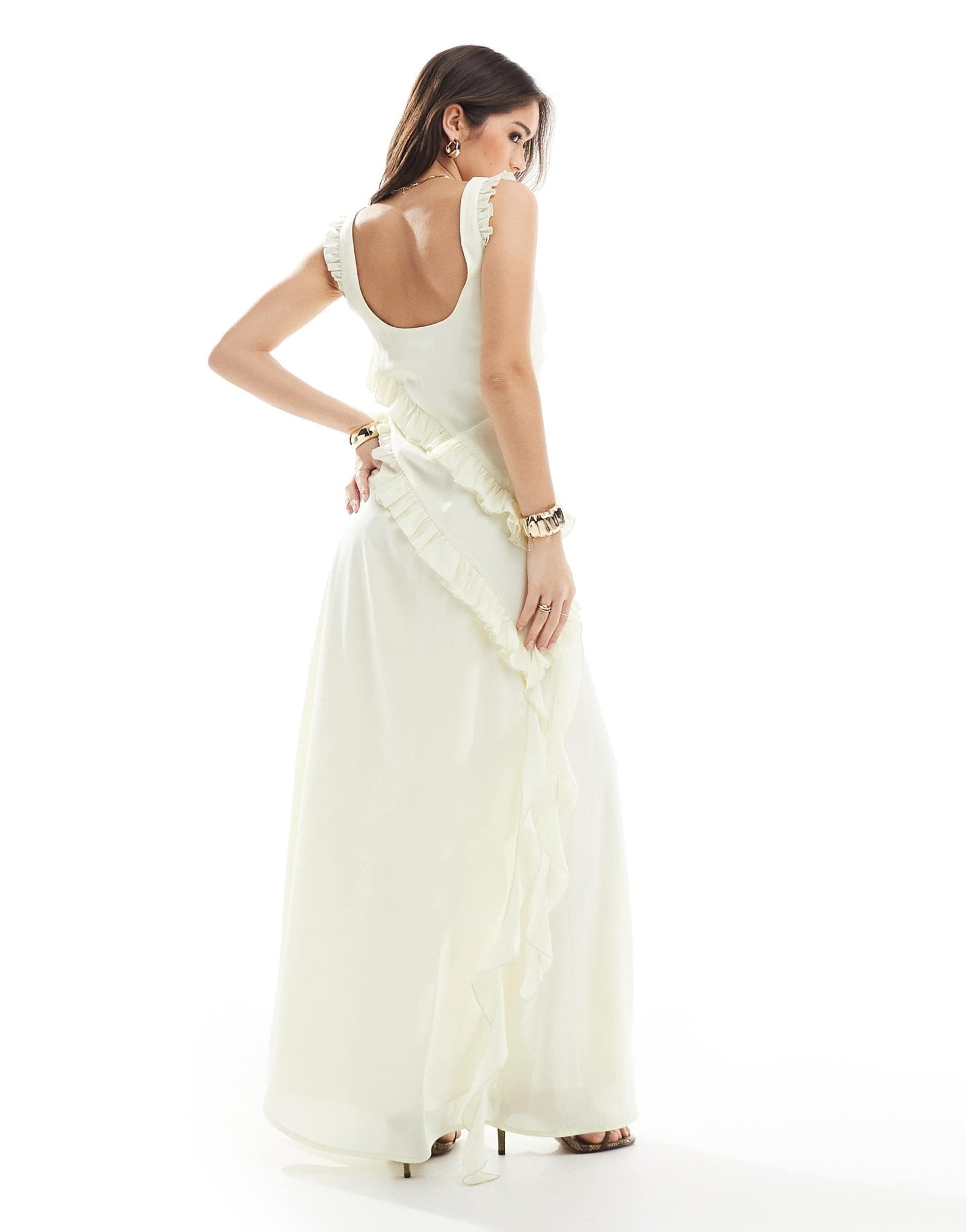 The Frolic exclusive ruffle drape detail square neck thigh split maxi dress in buttermilk yellow - ASOS Sample Sale