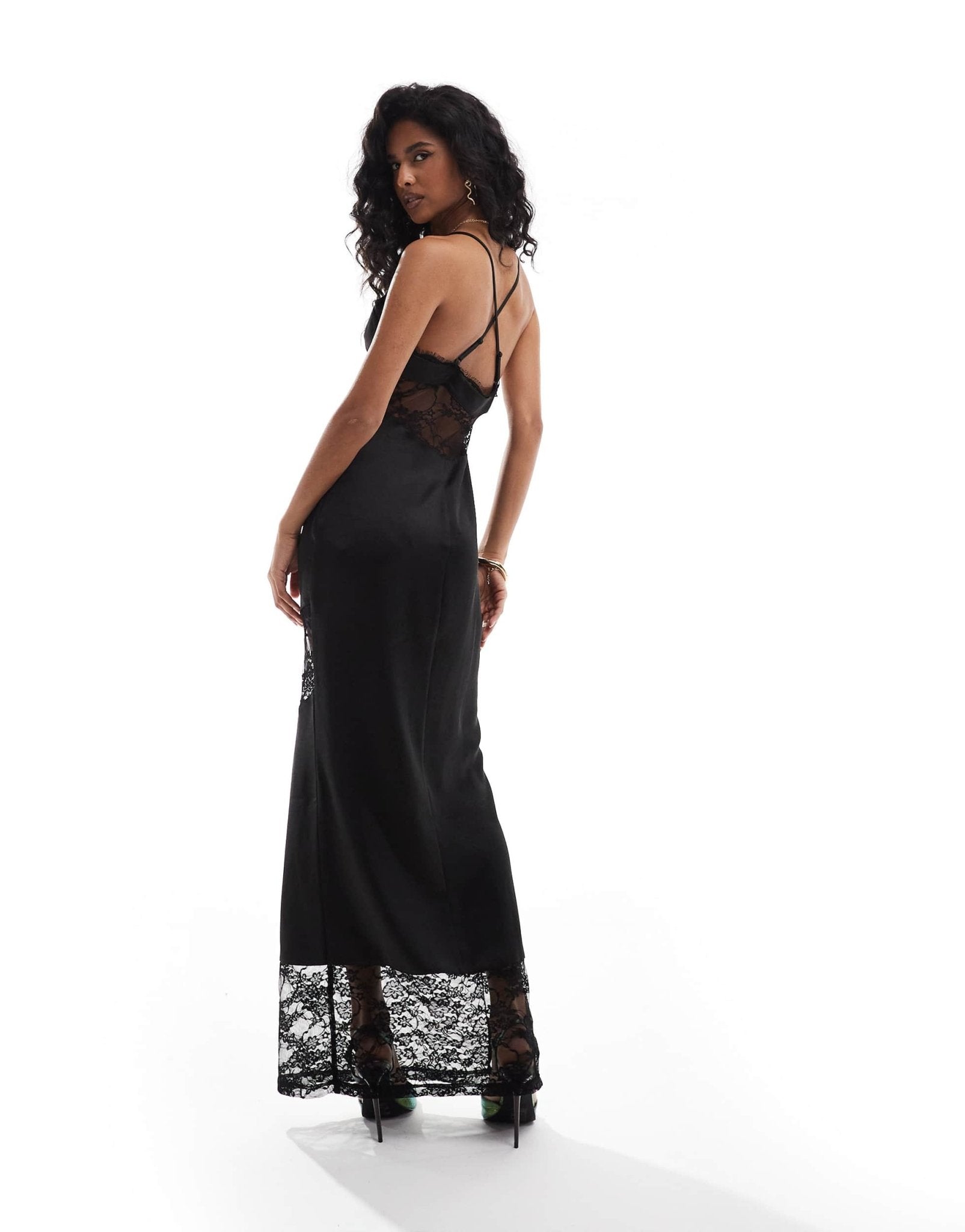 The Frolic exclusive satin and lace insert cami maxi dress in black - ASOS Sample Sale
