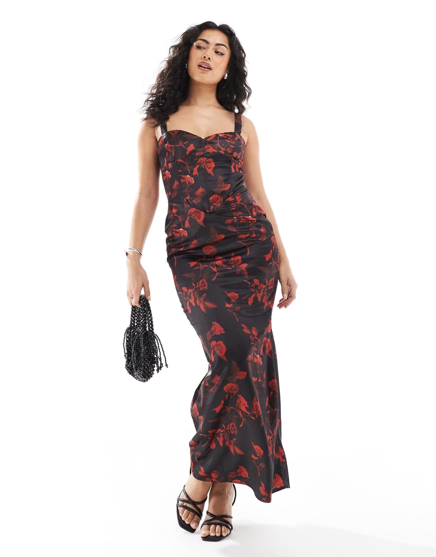The Frolic exclusive satin corset detail bodycon maxi dress in black rose print - ASOS Sample Sale