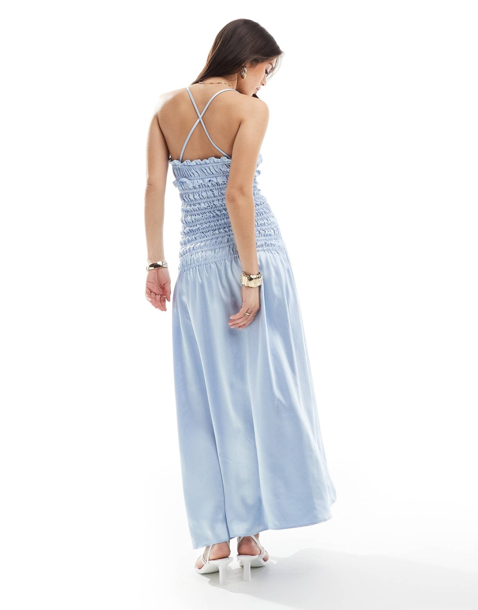 The Frolic exclusive satin ruched dropped waist maxi dress in baby blue - ASOS Sample Sale