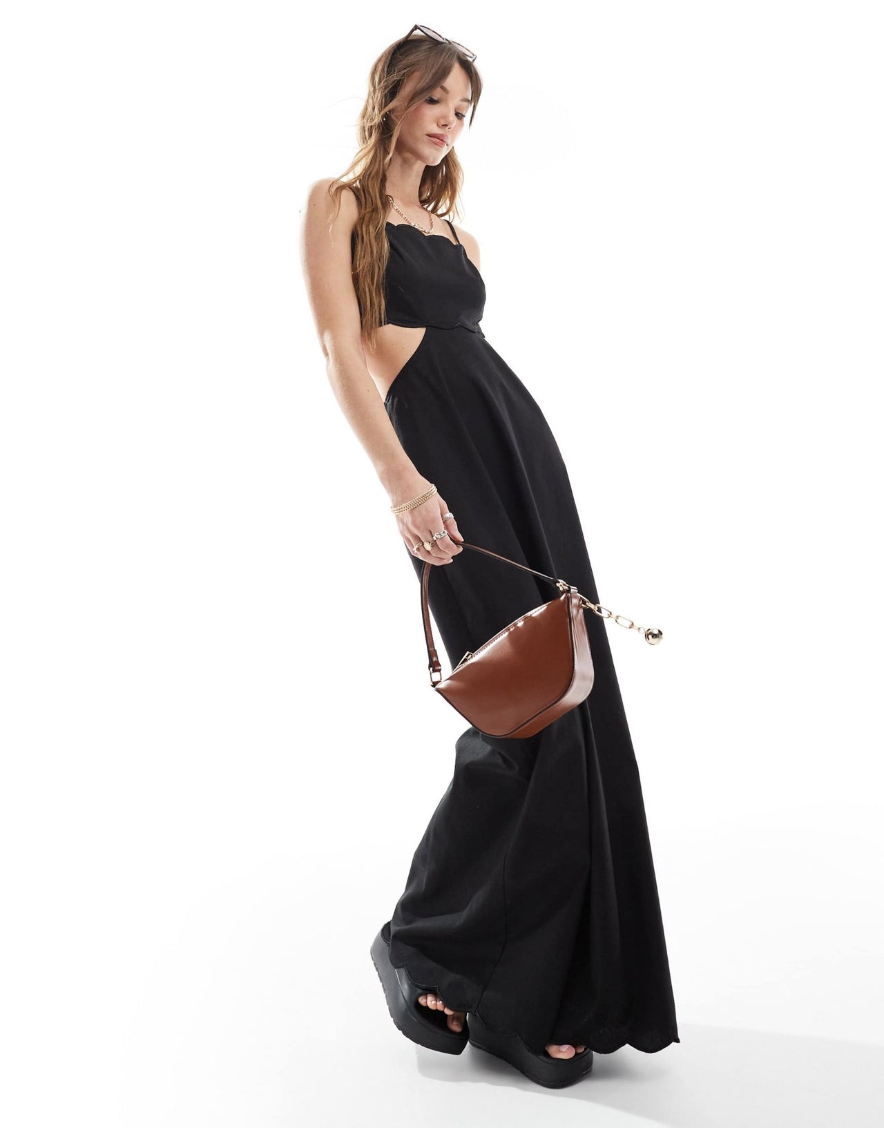 The Frolic exclusive scallop edge lace up open back maxi dress in black - ASOS Sample Sale