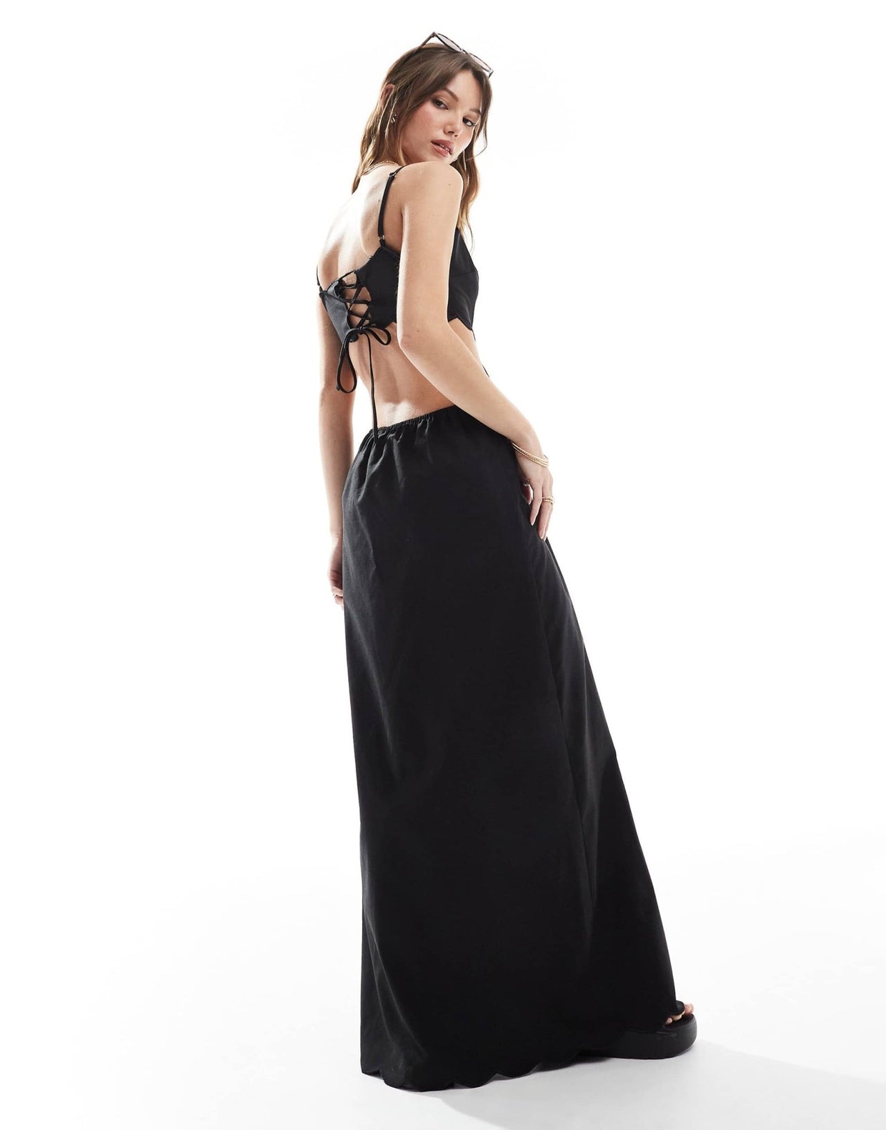 The Frolic exclusive scallop edge lace up open back maxi dress in black - ASOS Sample Sale