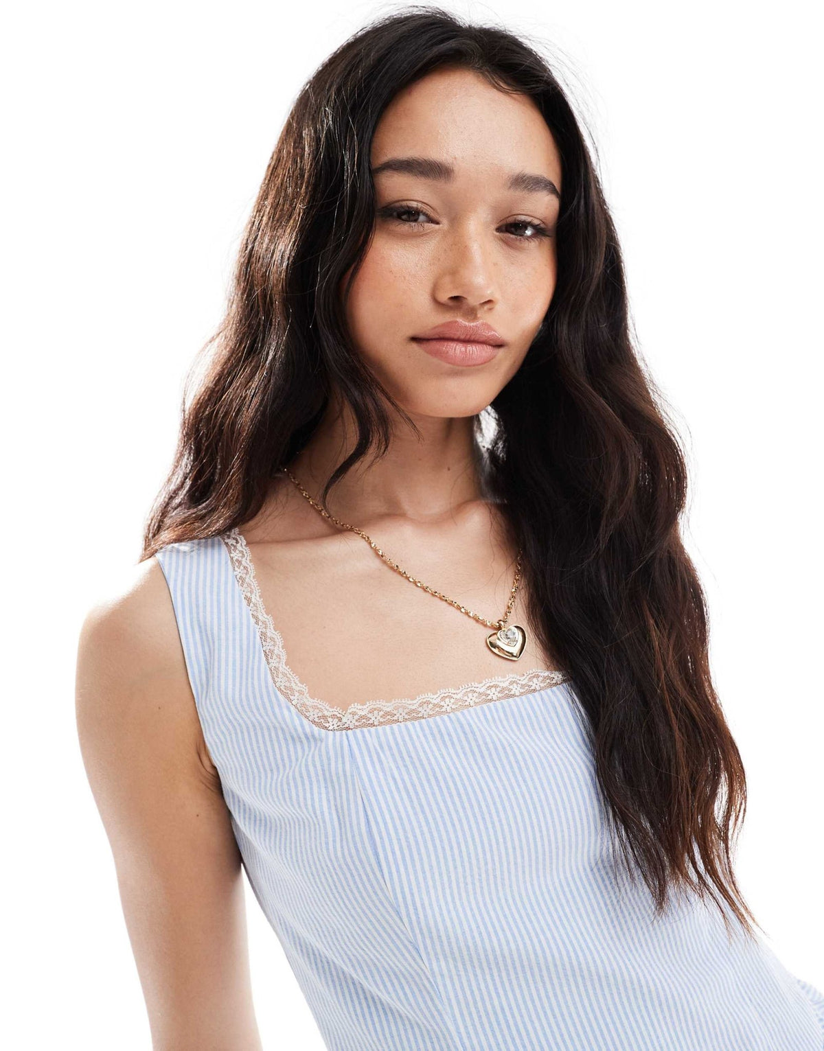 The Frolic exclusive square neck lace trim puff ball mini dress in blue stripe - ASOS Sample Sale
