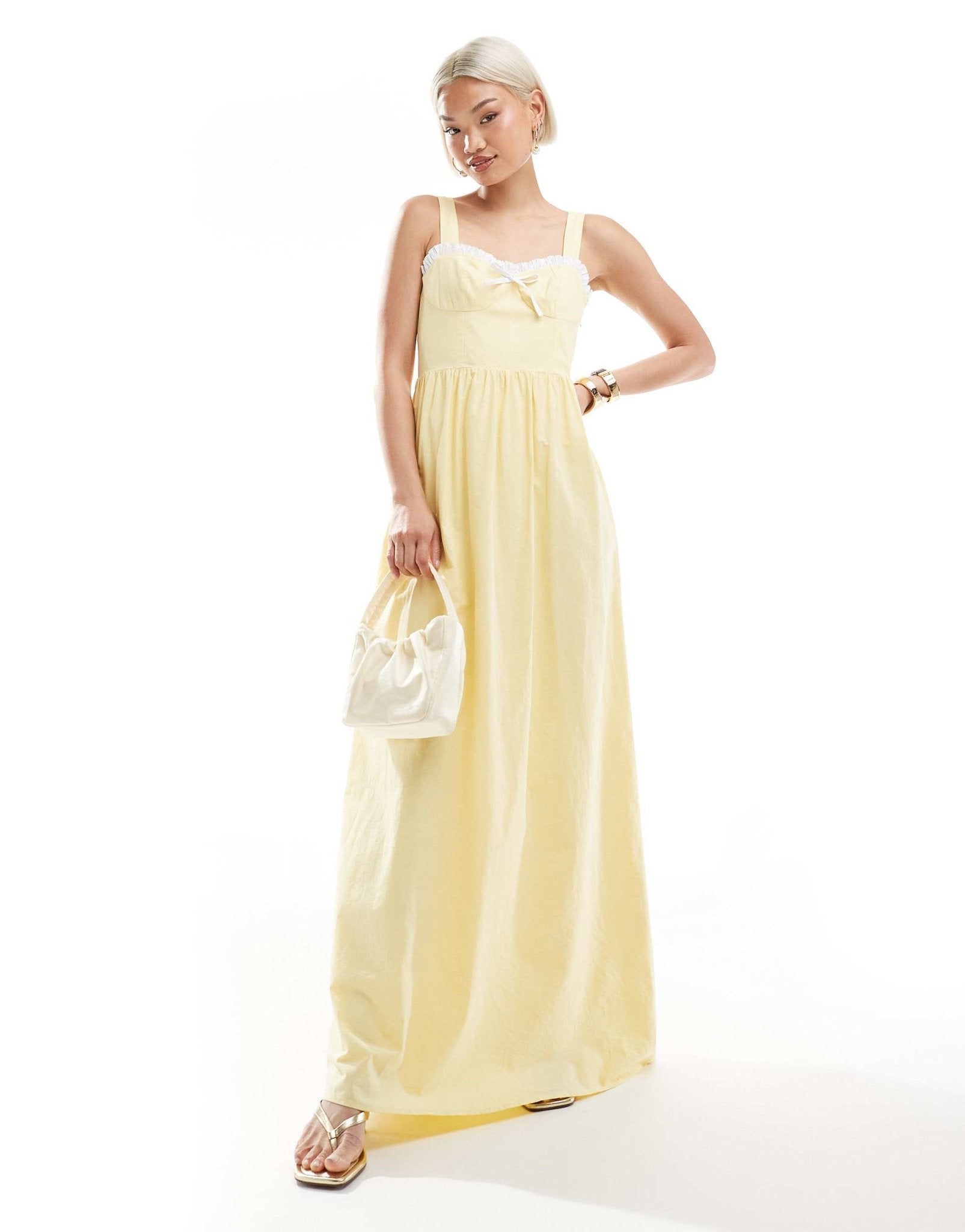 The Frolic exclusive sweetheart contrast ruffle trim bow detail maxi dress in yellow - ASOS Sample Sale