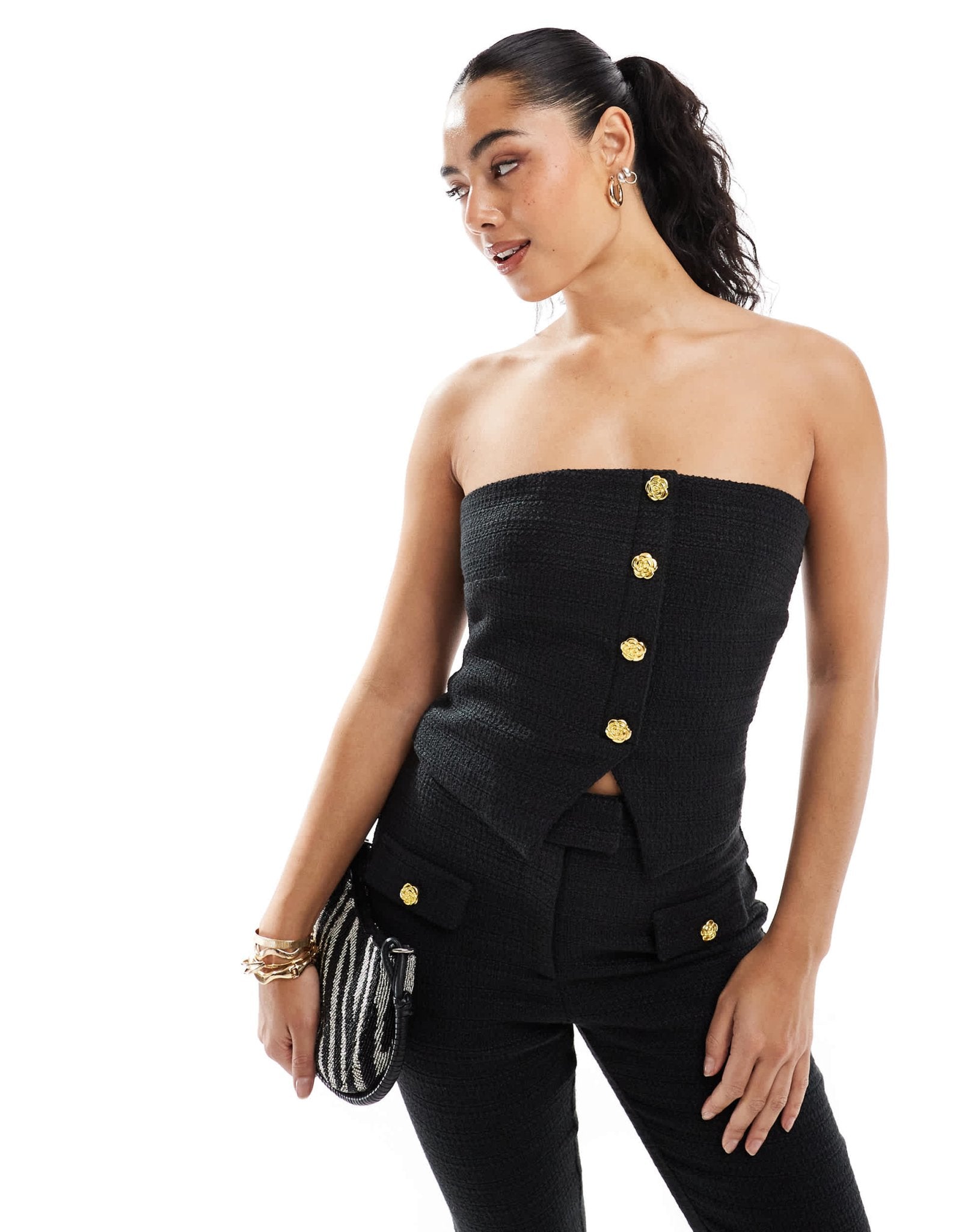 The Frolic exclusive tailored boucle bandeau split front gold flower button detail top co-ord in black - ASOS Sample Sale
