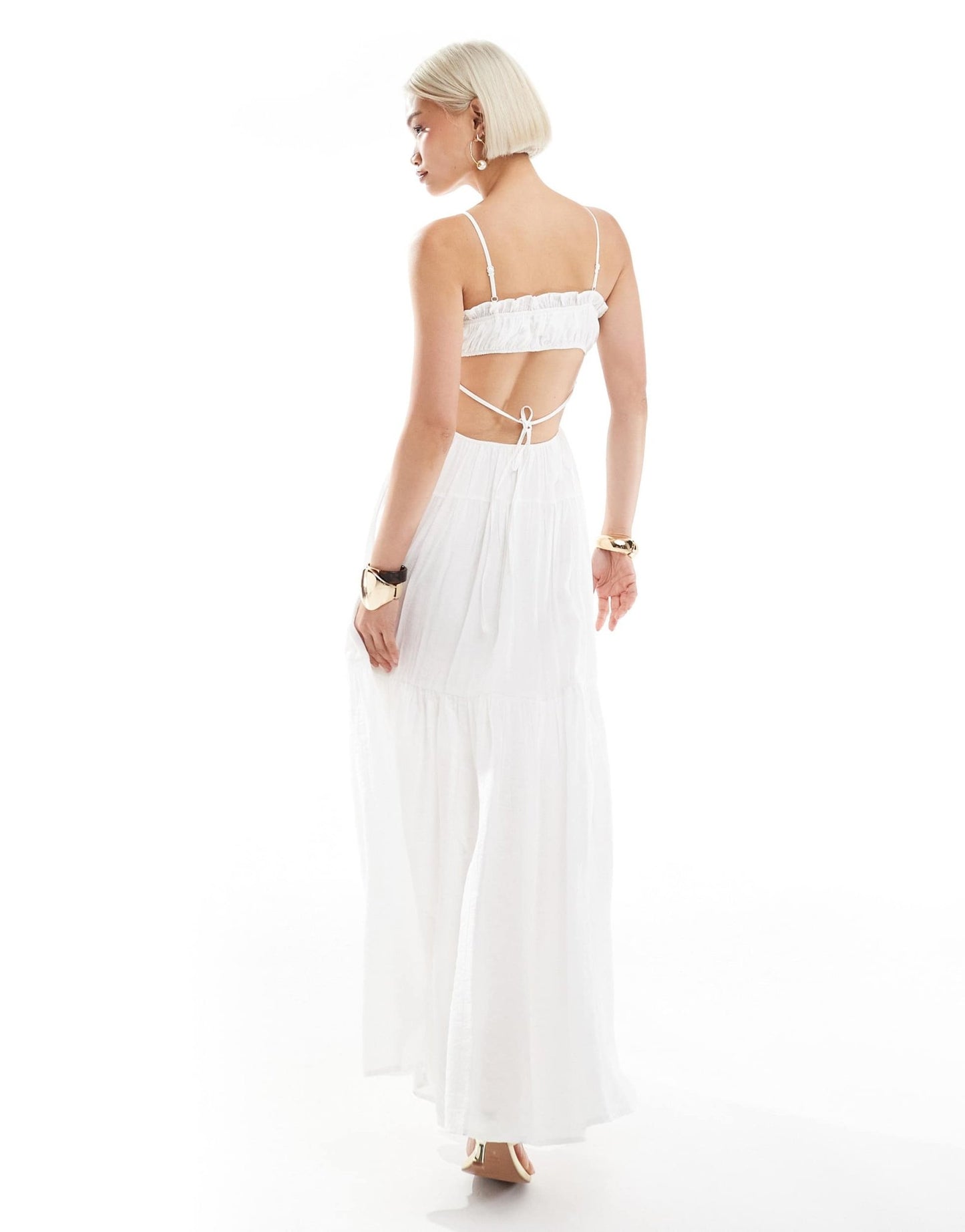 The Frolic exclusive tie front ruffle trim open back tiered maxi dress in white - ASOS Sample Sale