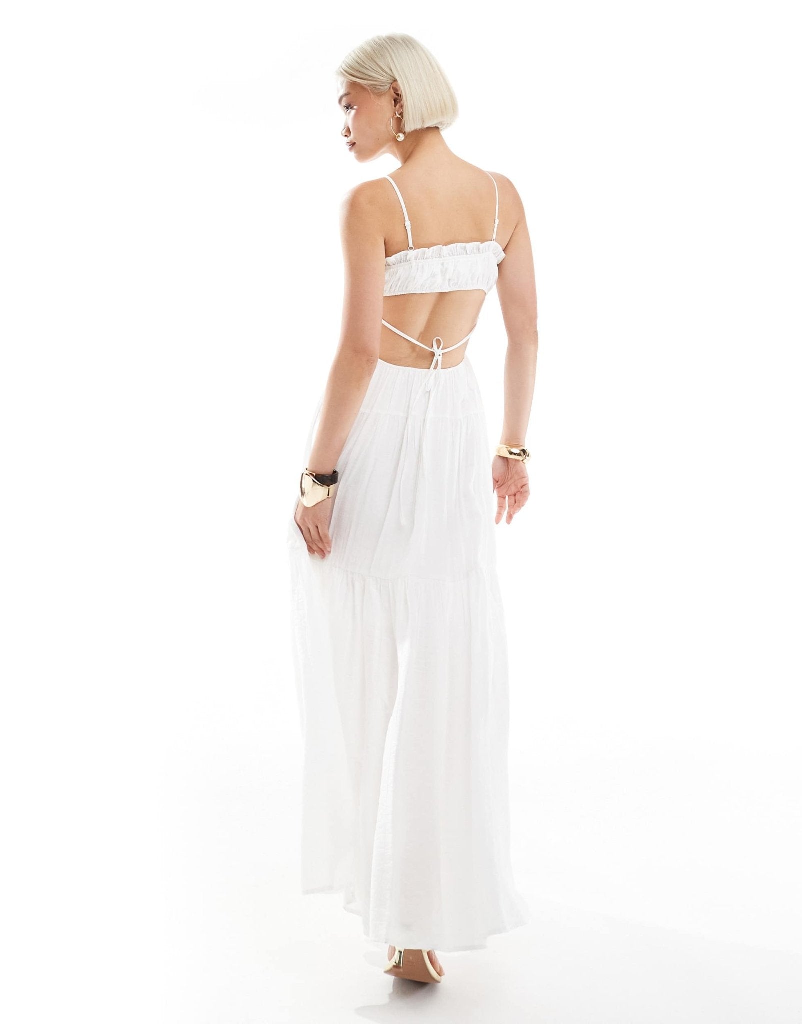 The Frolic exclusive tie front ruffle trim open back tiered maxi dress in white - ASOS Sample Sale