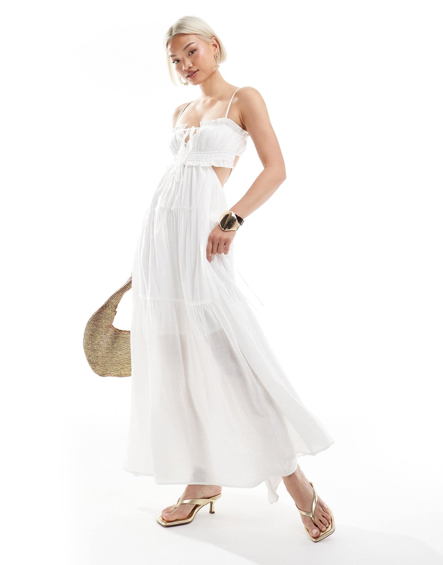 The Frolic exclusive tie front ruffle trim open back tiered maxi dress in white - ASOS Sample Sale