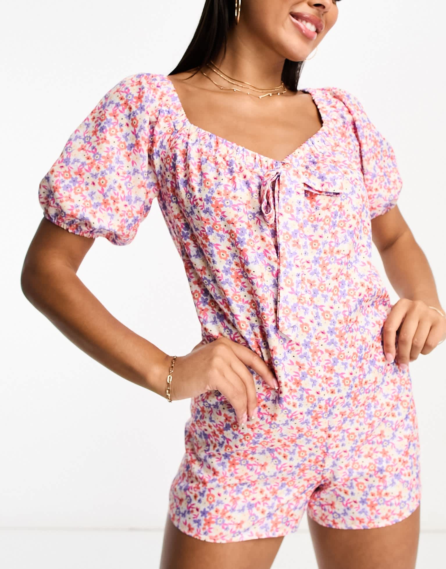 The Frolic spectrolite floral ditsy puff sleeve summer playsuit in pink - ASOS Sample Sale