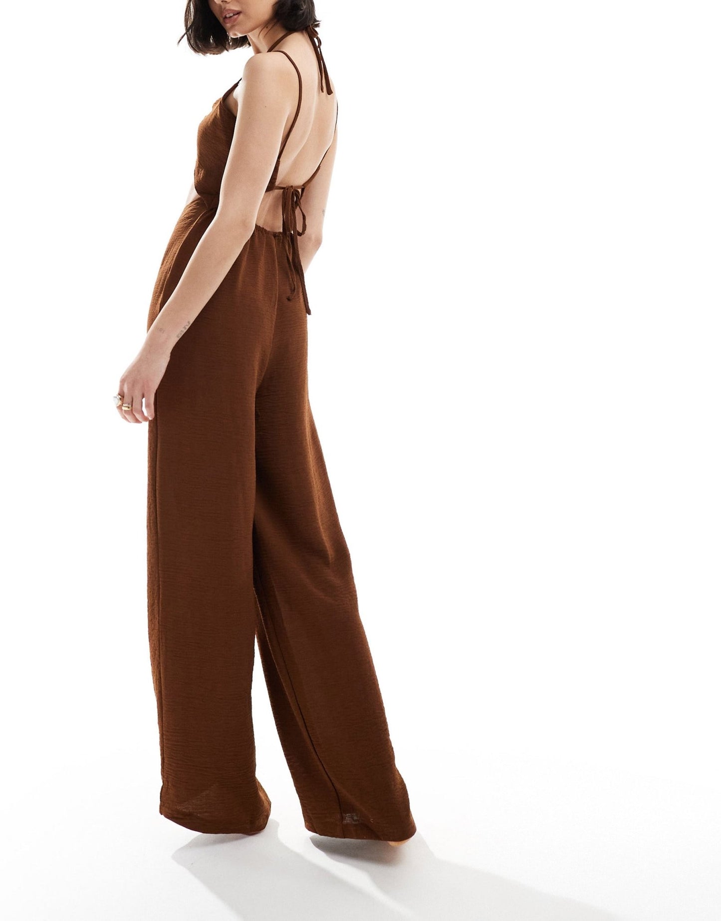 The Frolic tahiti ring tie detail beach jumpsuit in dark brown - ASOS Sample Sale