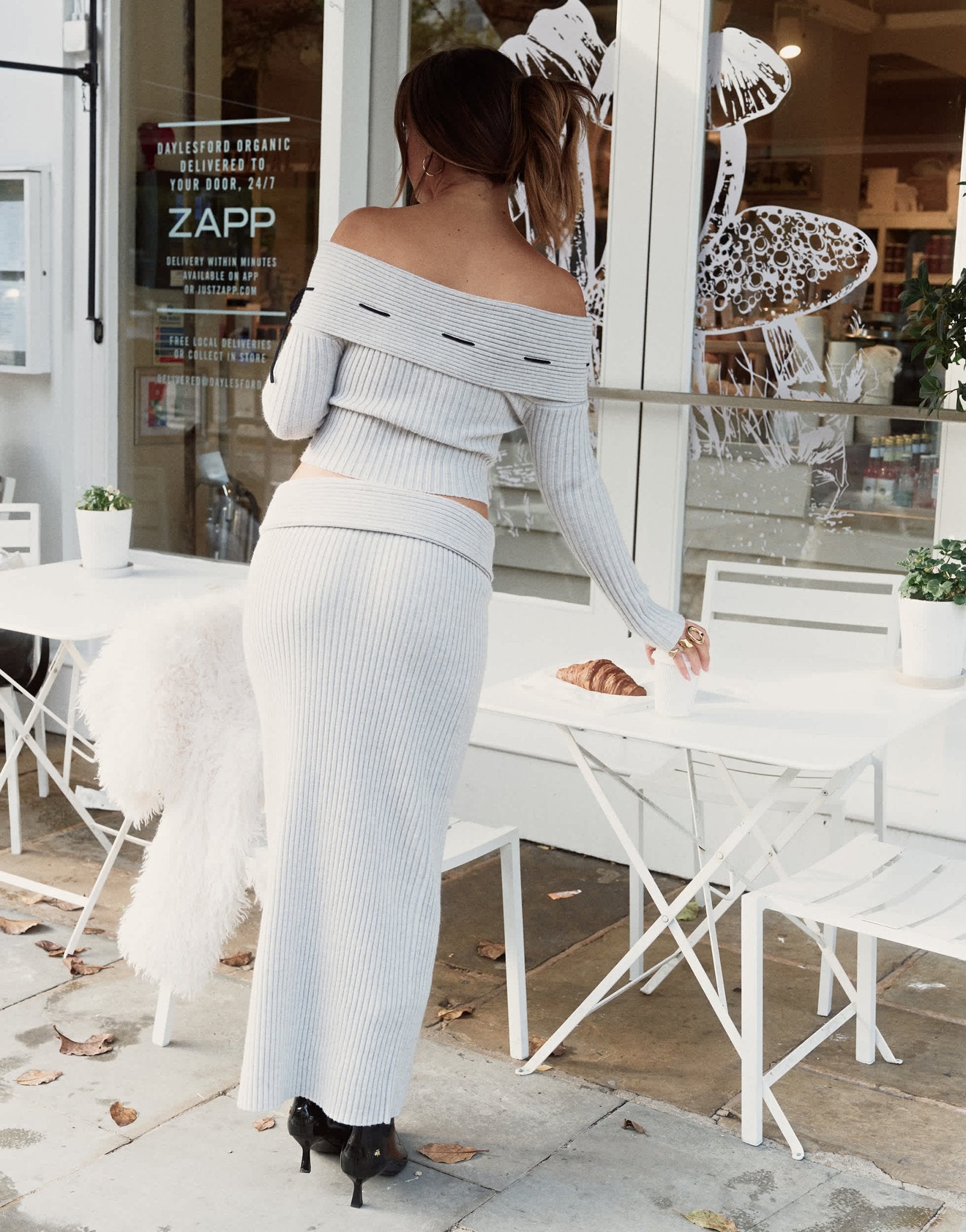 The Frolic x Bella Stovey exclusive fold waist ribbed knitted maxi skirt co - ord in grey - ASOS Sample Sale