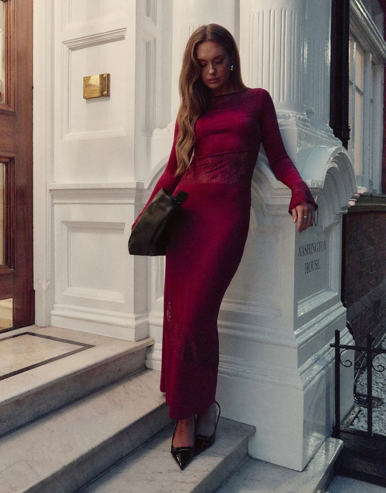 The Frolic x Bella Stovey exclusive lace insert flared sleeve maxi dress in burgundy - ASOS Sample Sale