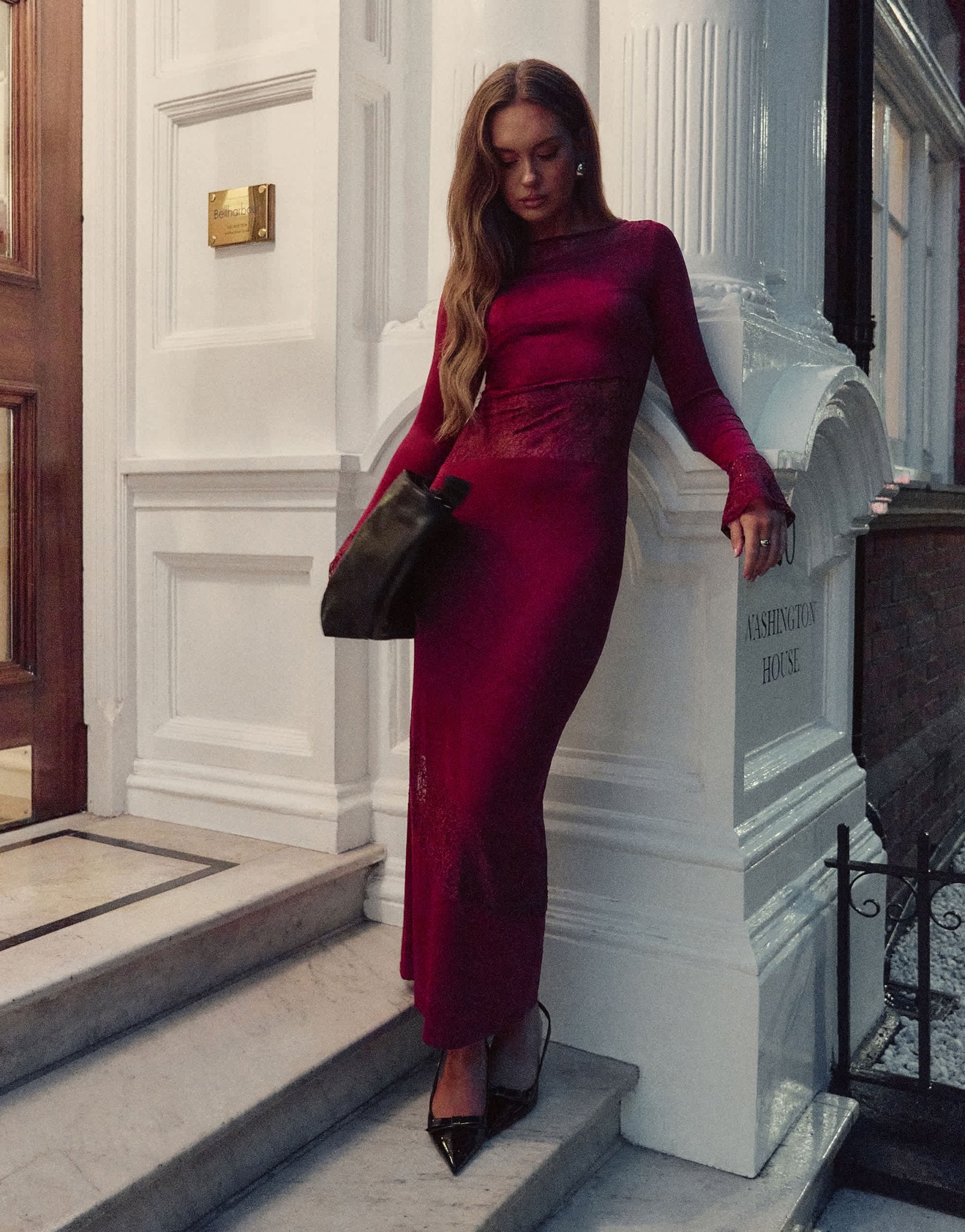 The Frolic x Bella Stovey exclusive lace insert flared sleeve maxi dress in burgundy - ASOS Sample Sale