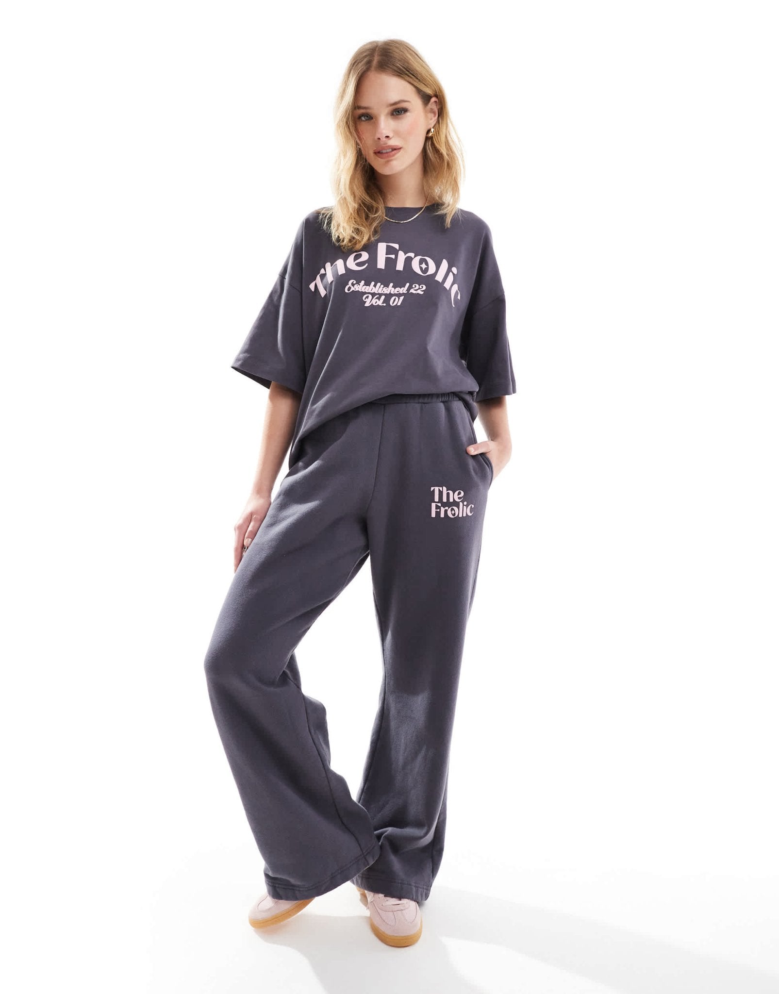The Frolic x Bella Stovey exclusive logo wide leg joggers co - ord in charcoal - ASOS Sample Sale