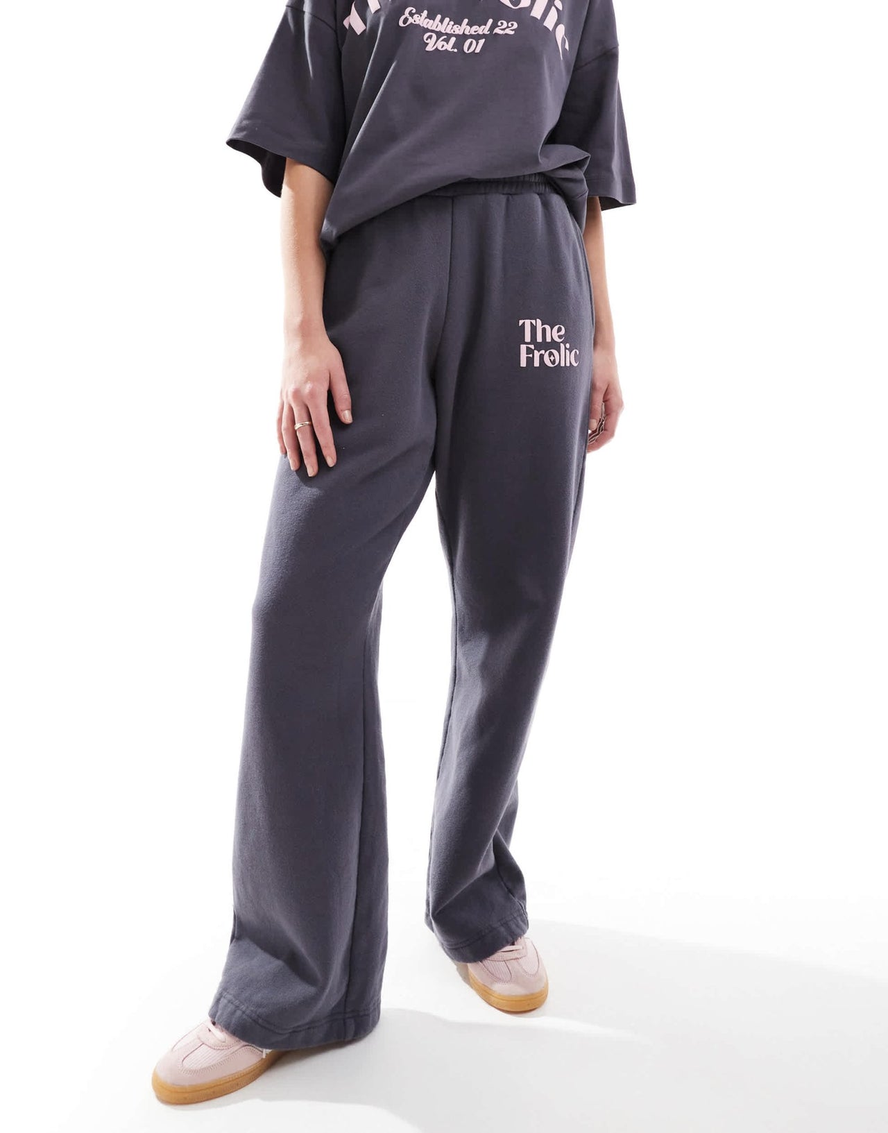 The Frolic x Bella Stovey exclusive logo wide leg joggers co - ord in charcoal - ASOS Sample Sale