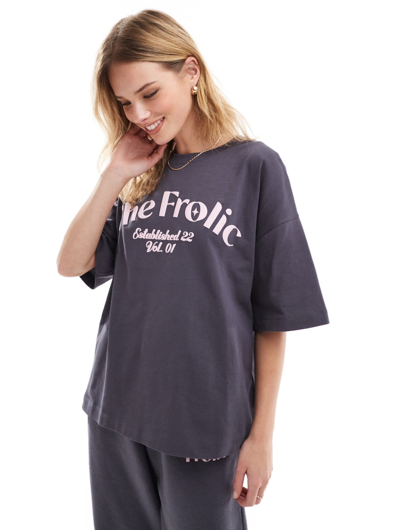The Frolic x Bella Stovey exclusive oversized logo t-shirt co - ord in charcoal - ASOS Sample Sale