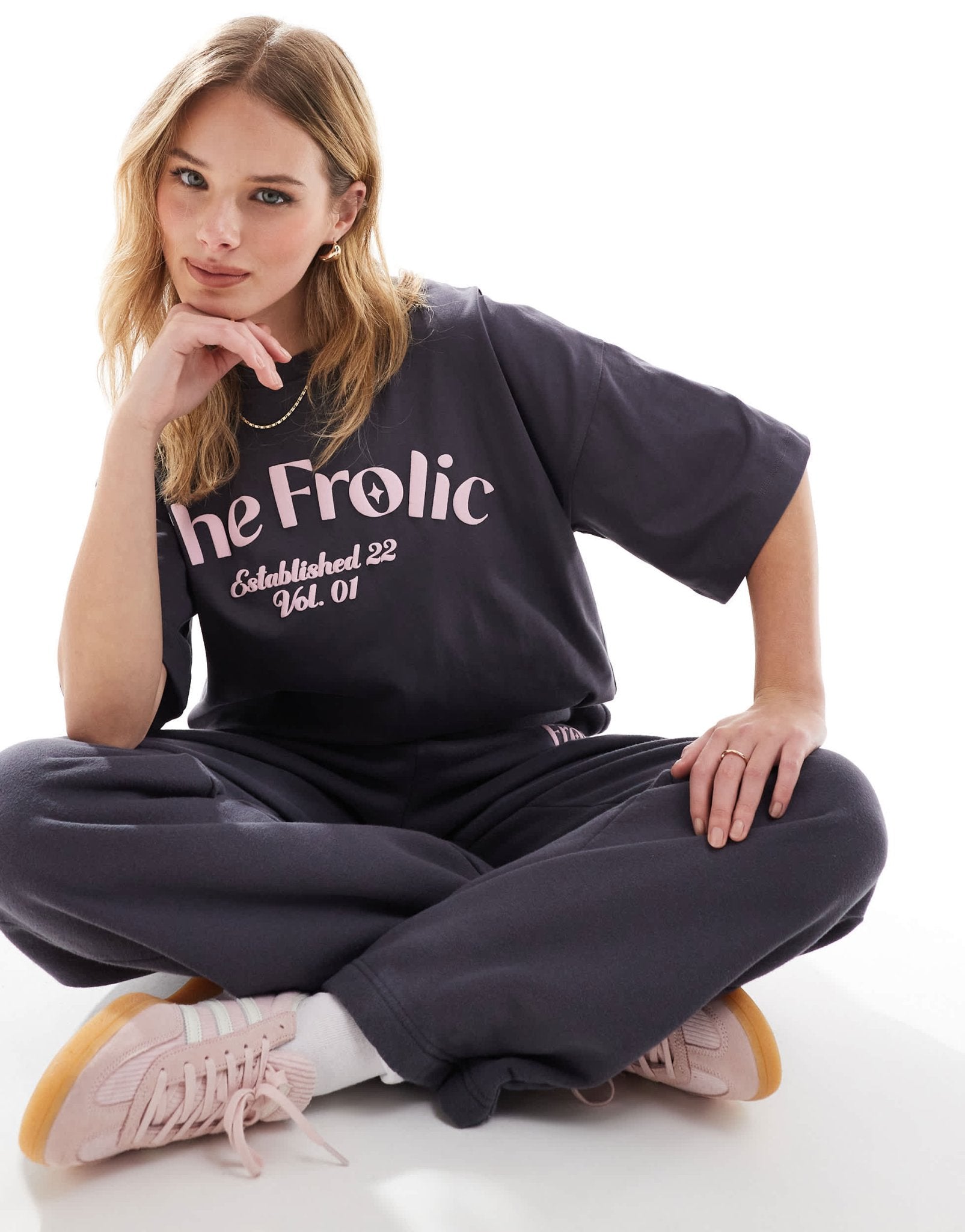 The Frolic x Bella Stovey exclusive oversized logo t-shirt co - ord in charcoal - ASOS Sample Sale