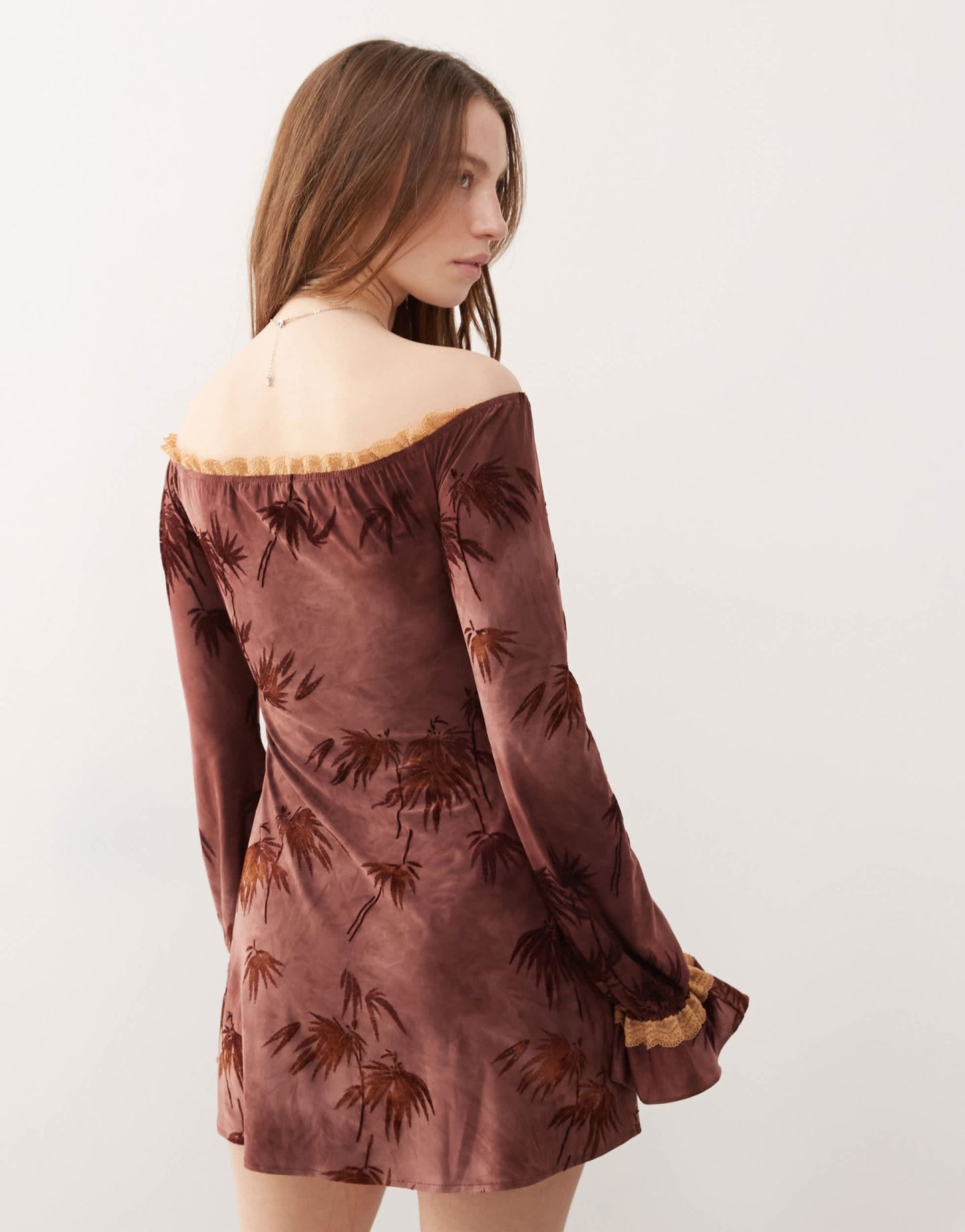 The Kript boho off shoulder mini dress with lace detailing in burgundy print - ASOS Sample Sale