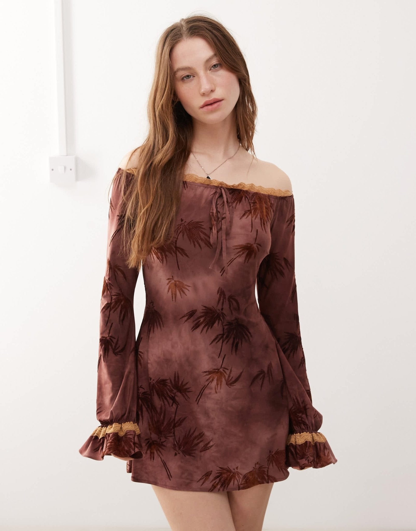 The Kript boho off shoulder mini dress with lace detailing in burgundy print - ASOS Sample Sale