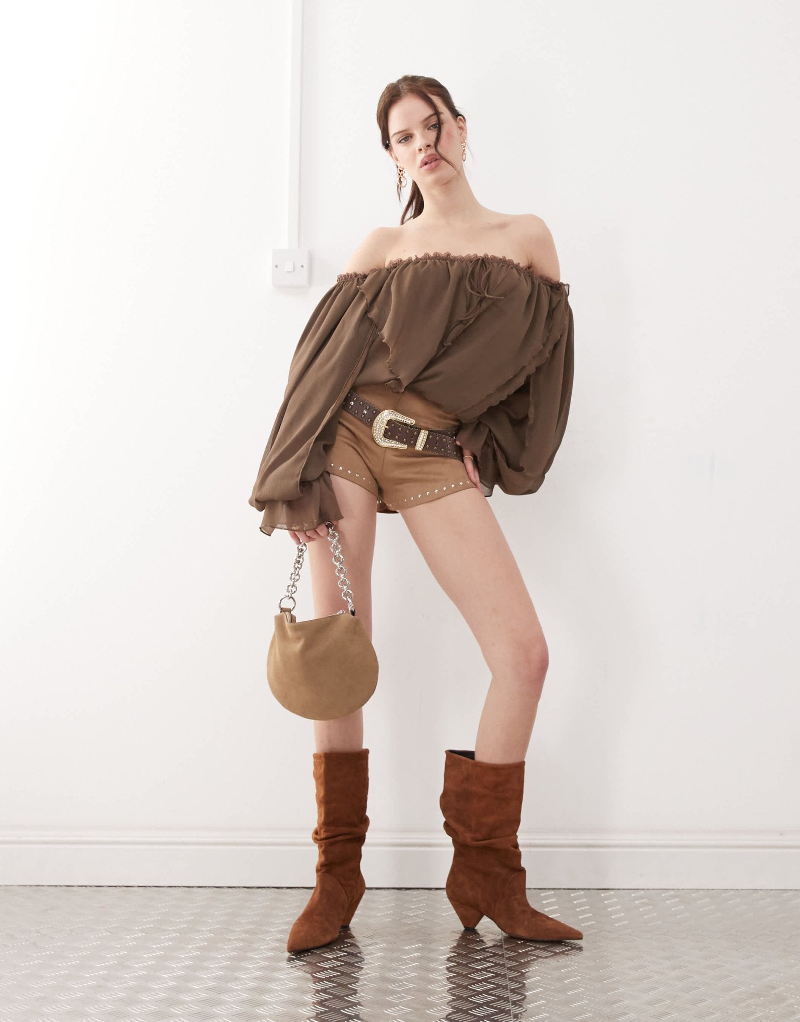 The Kript boho off shoulder ruffle top in brown - ASOS Sample Sale