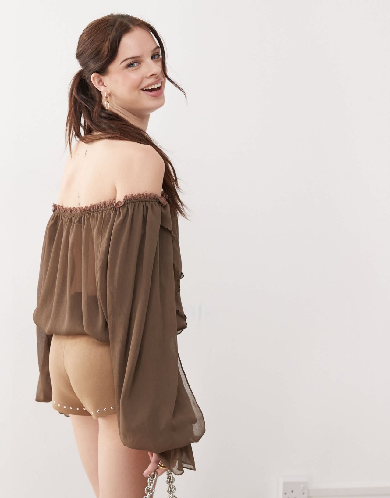 The Kript boho off shoulder ruffle top in brown - ASOS Sample Sale