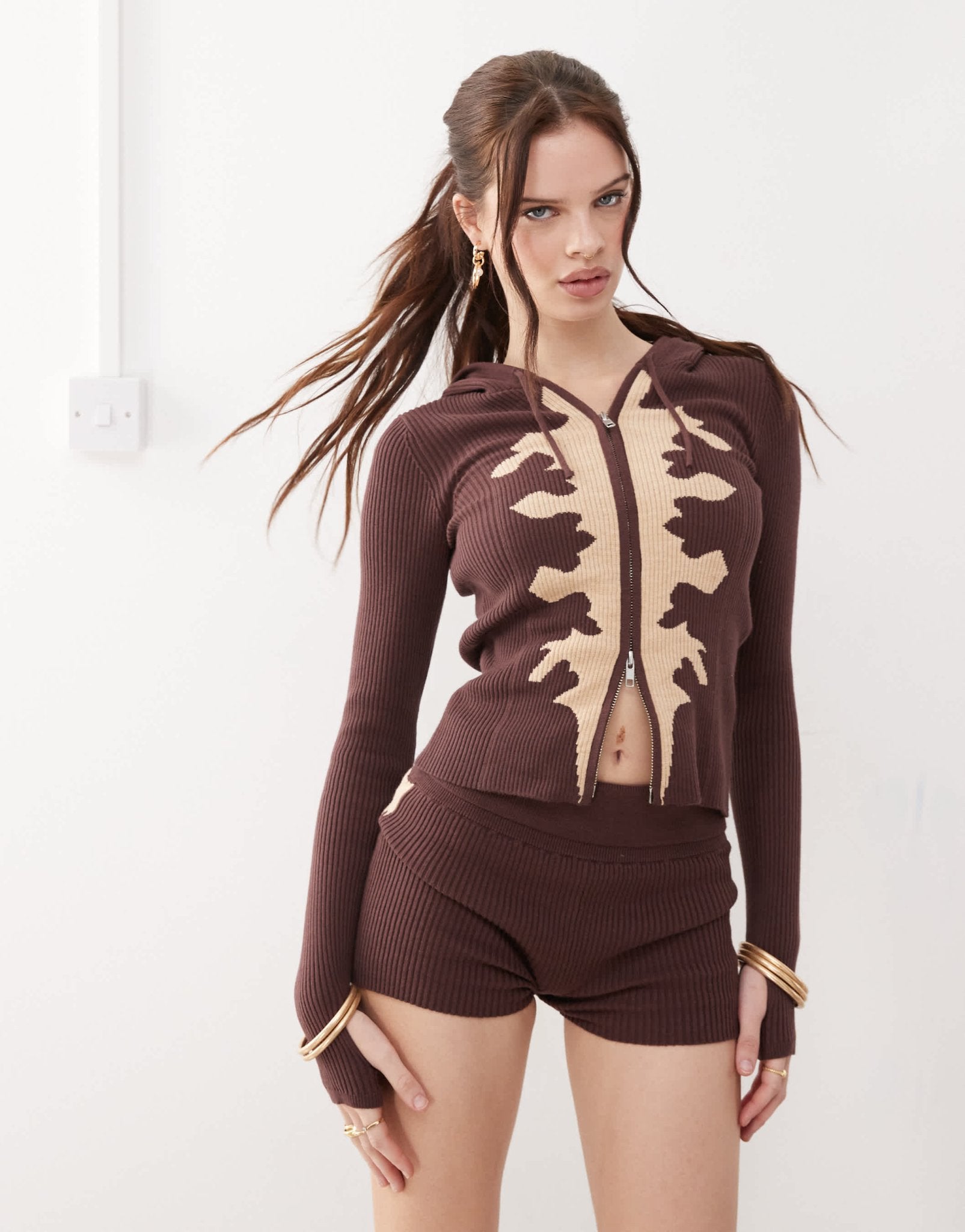 The kript cow print micro mini knit shorts in brown co - ord - ASOS Sample Sale