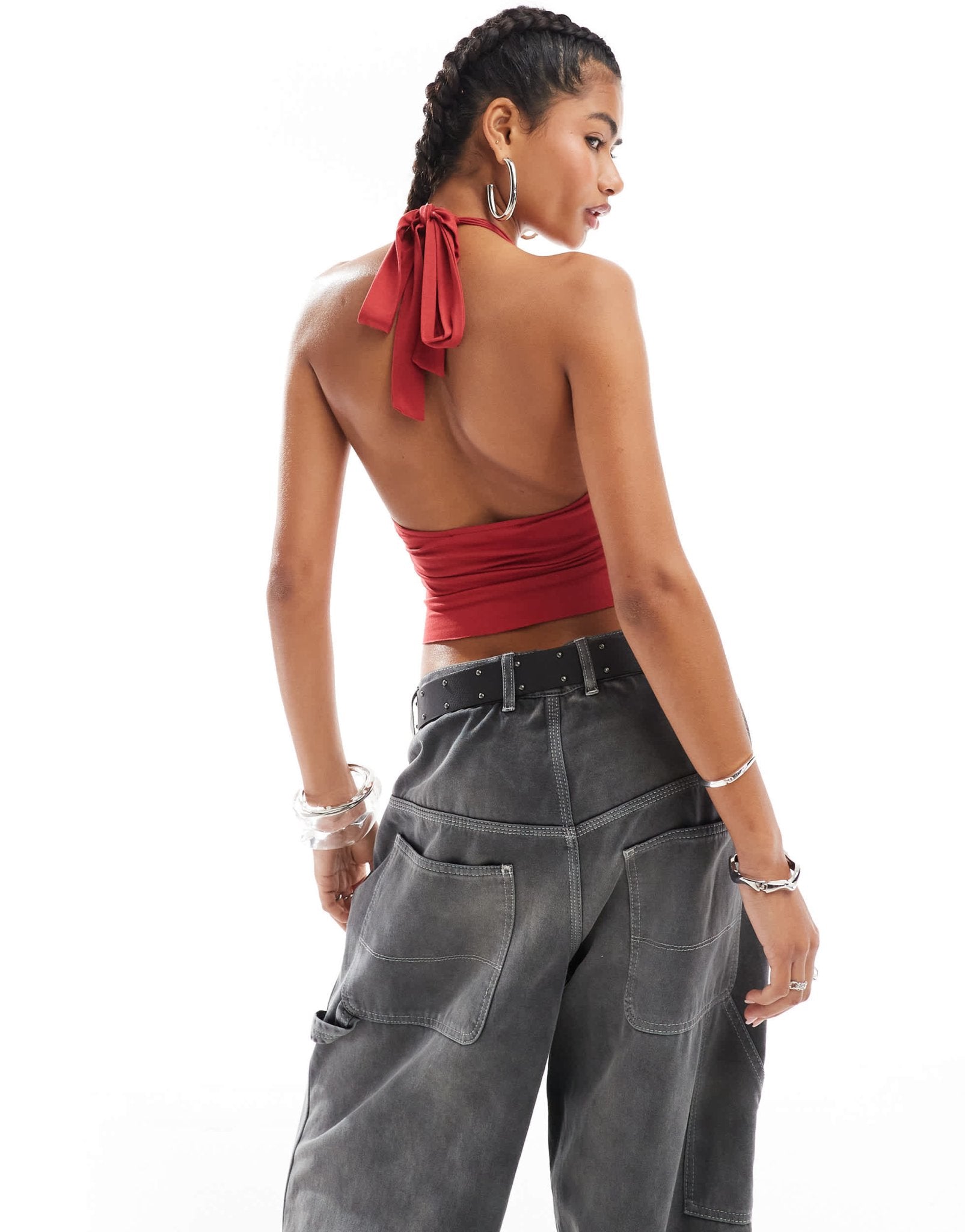 The Kript Ginny slinky seamless halterneck top with cut outs and coursages in red - ASOS Sample Sale
