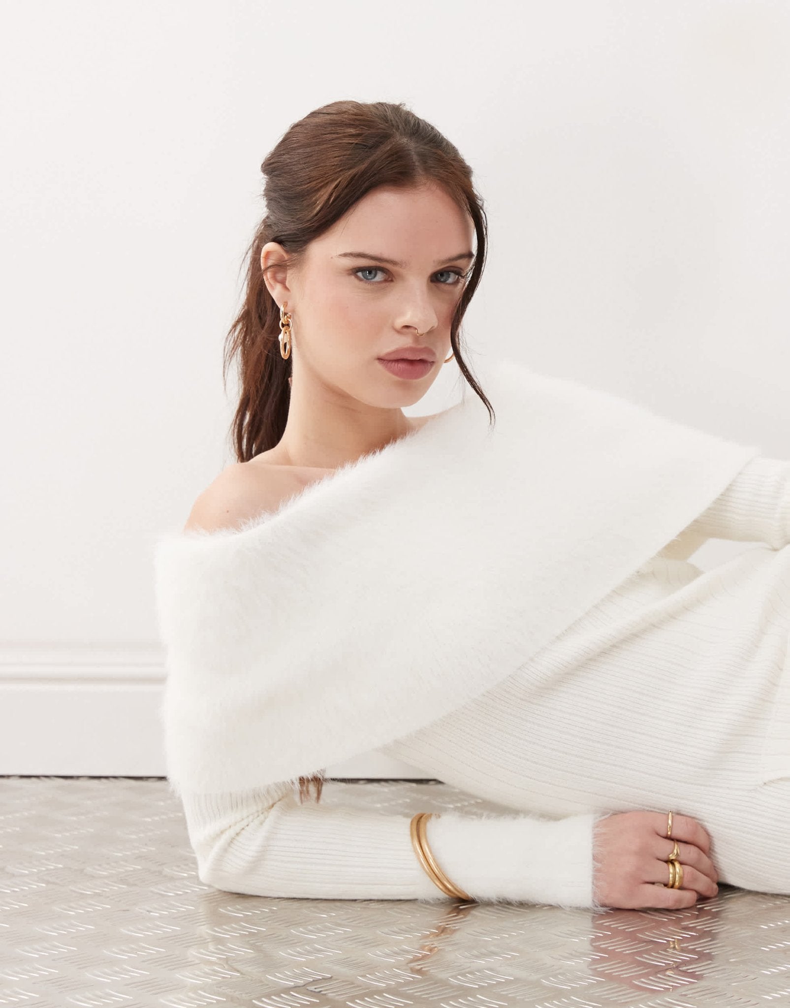 The Kript off shoulder mini dress with faux fur cuffs and fold over in white - ASOS Sample Sale