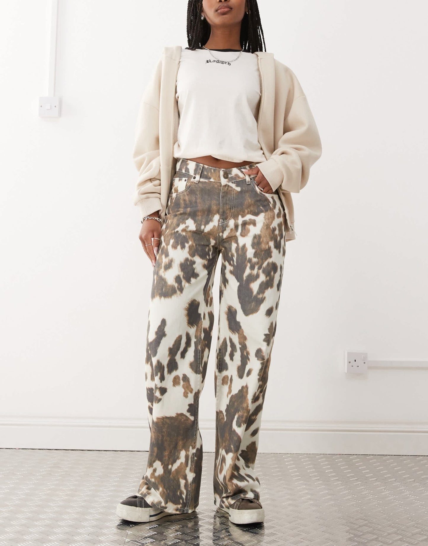 The Ragged Priest low rise straight leg jeans in cow print - ASOS Sample Sale