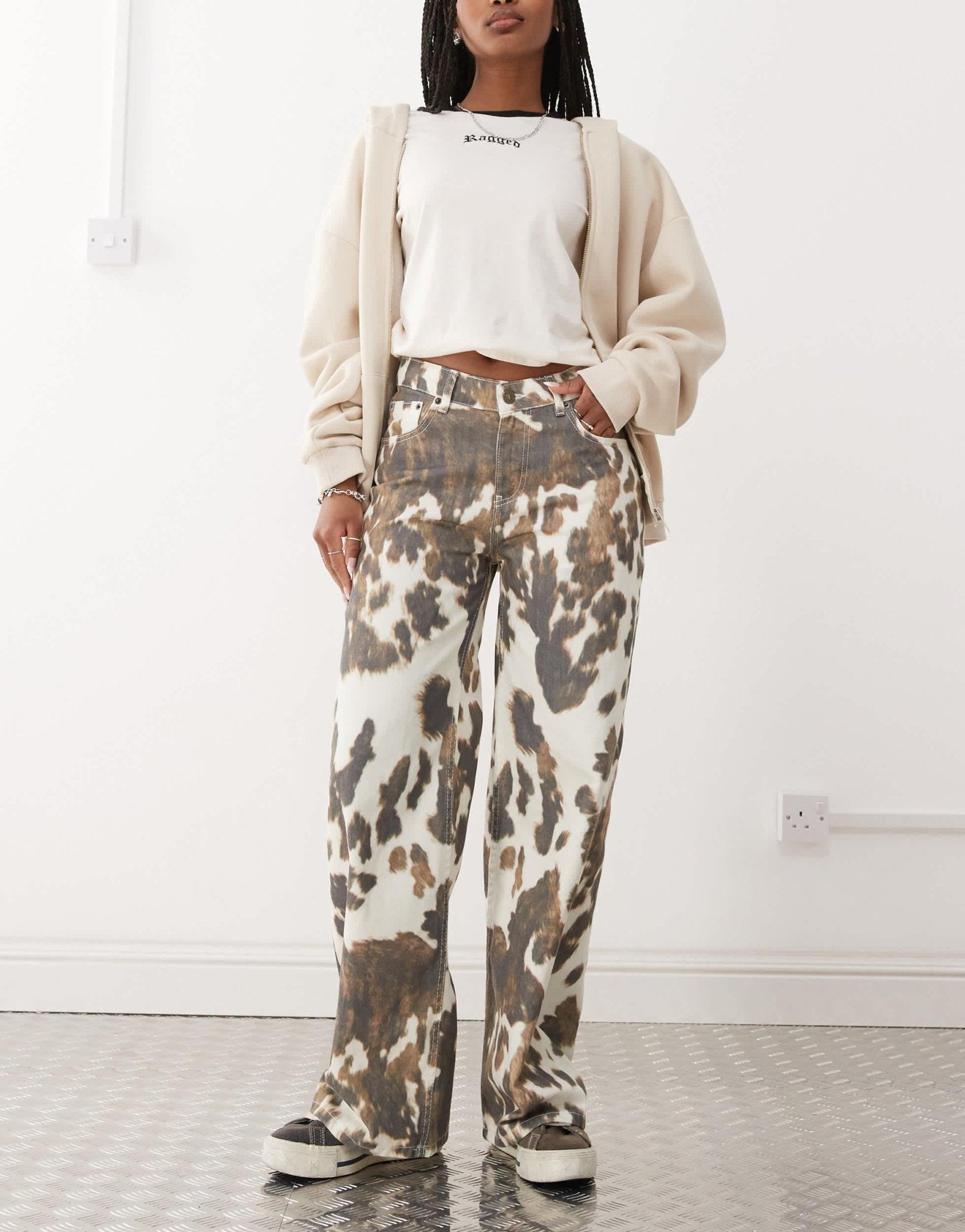 The Ragged Priest low rise straight leg jeans in cow print - ASOS Sample Sale