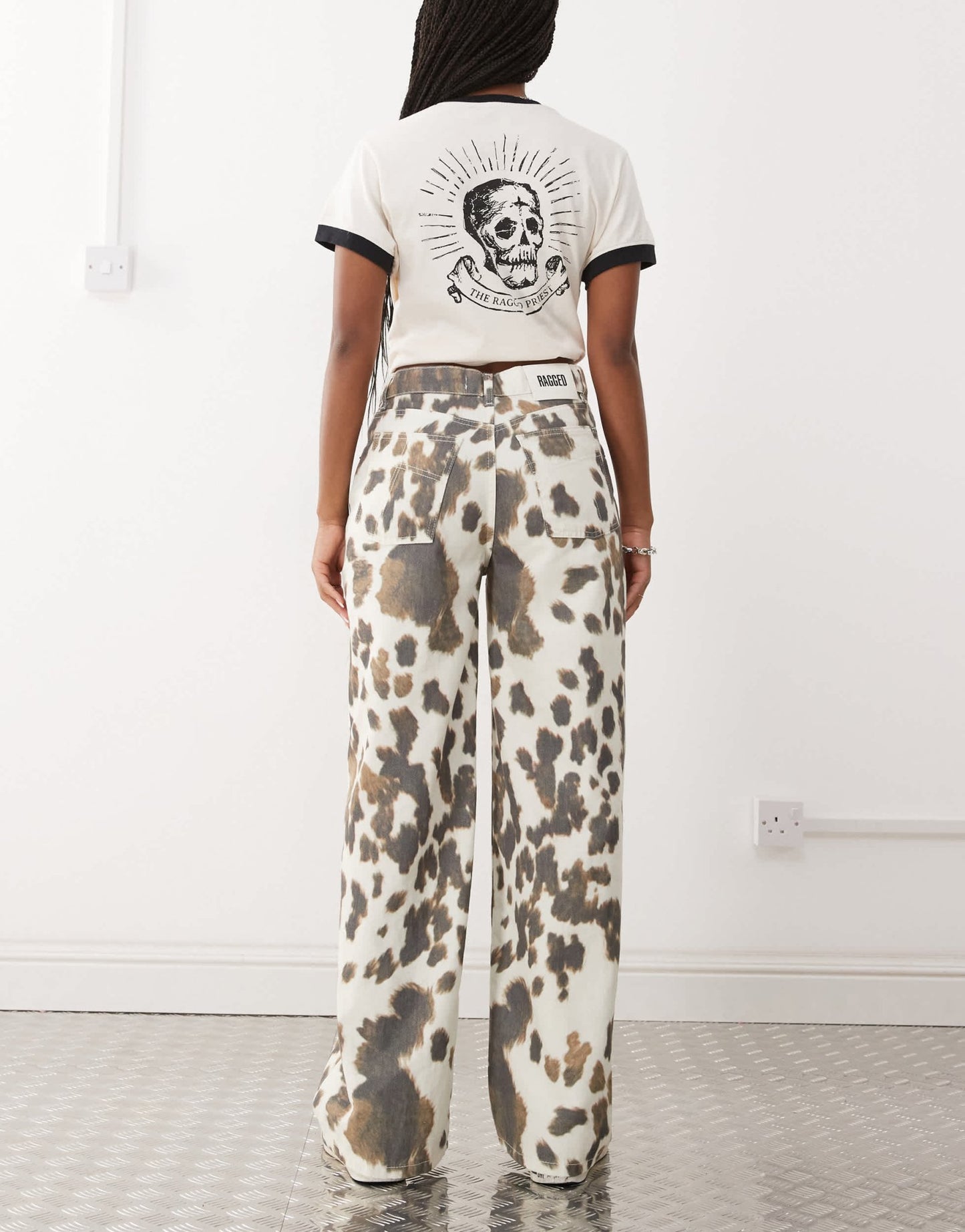 The Ragged Priest low rise straight leg jeans in cow print - ASOS Sample Sale