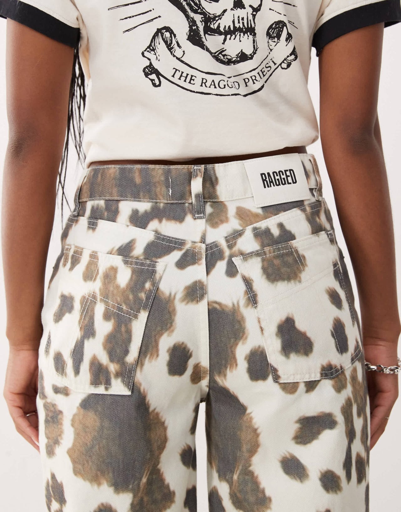 The Ragged Priest low rise straight leg jeans in cow print - ASOS Sample Sale