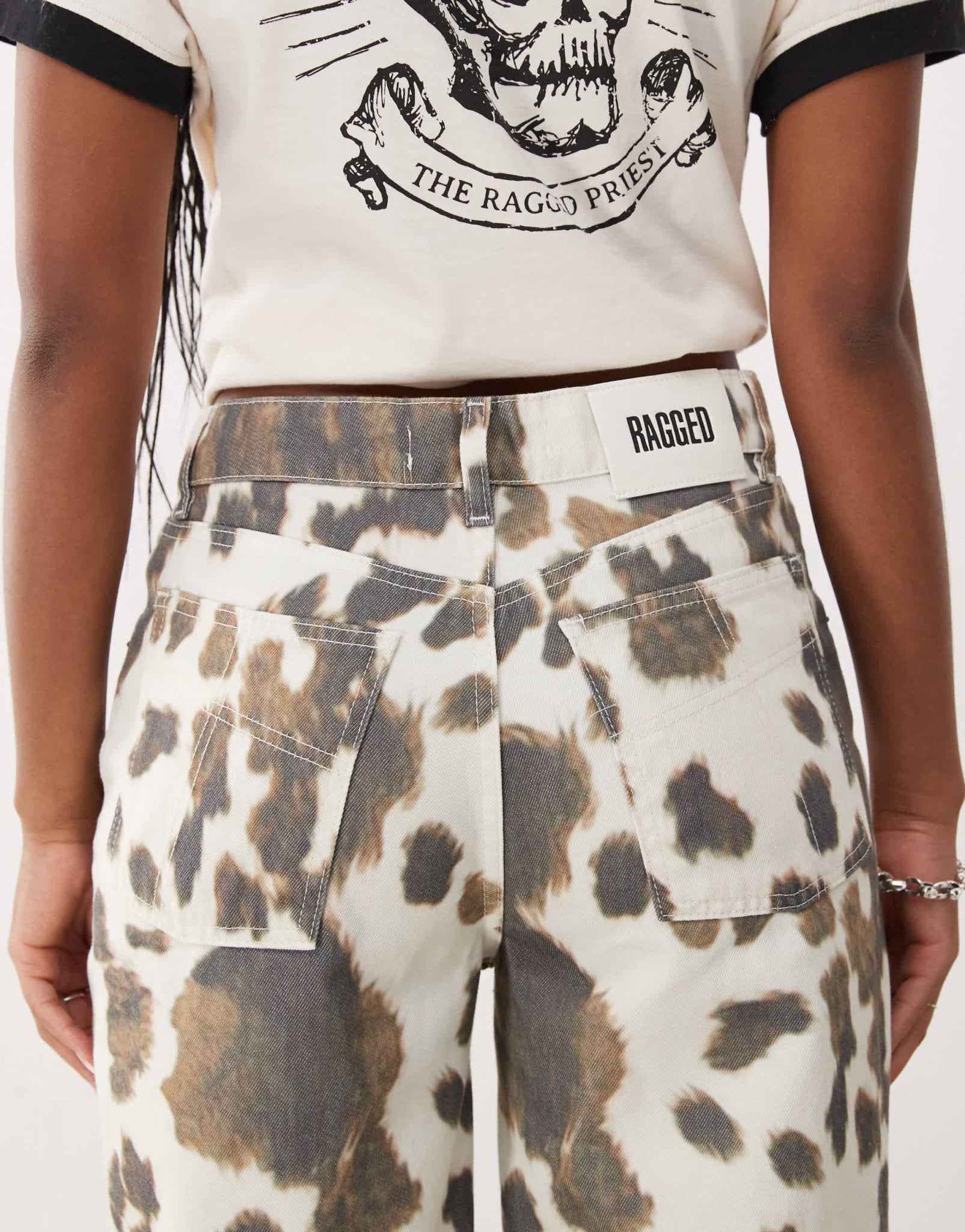 The Ragged Priest low rise straight leg jeans in cow print - ASOS Sample Sale