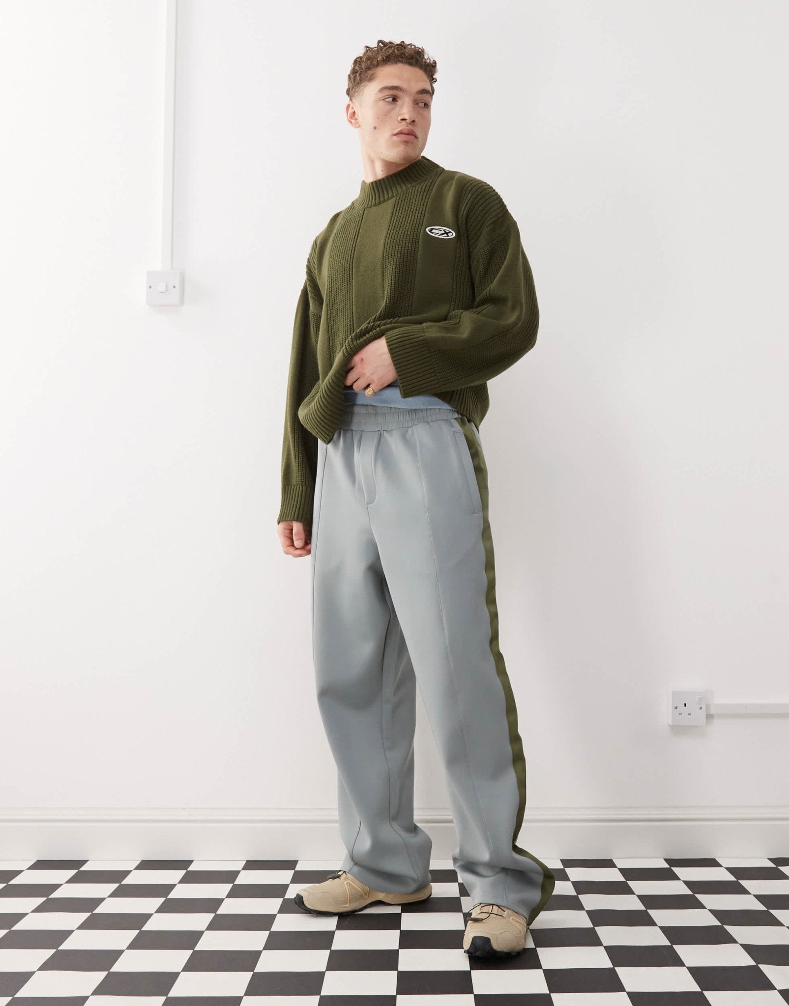 The Ragged Priest skate fit joggers with side stripe in grey and green - ASOS Sample Sale