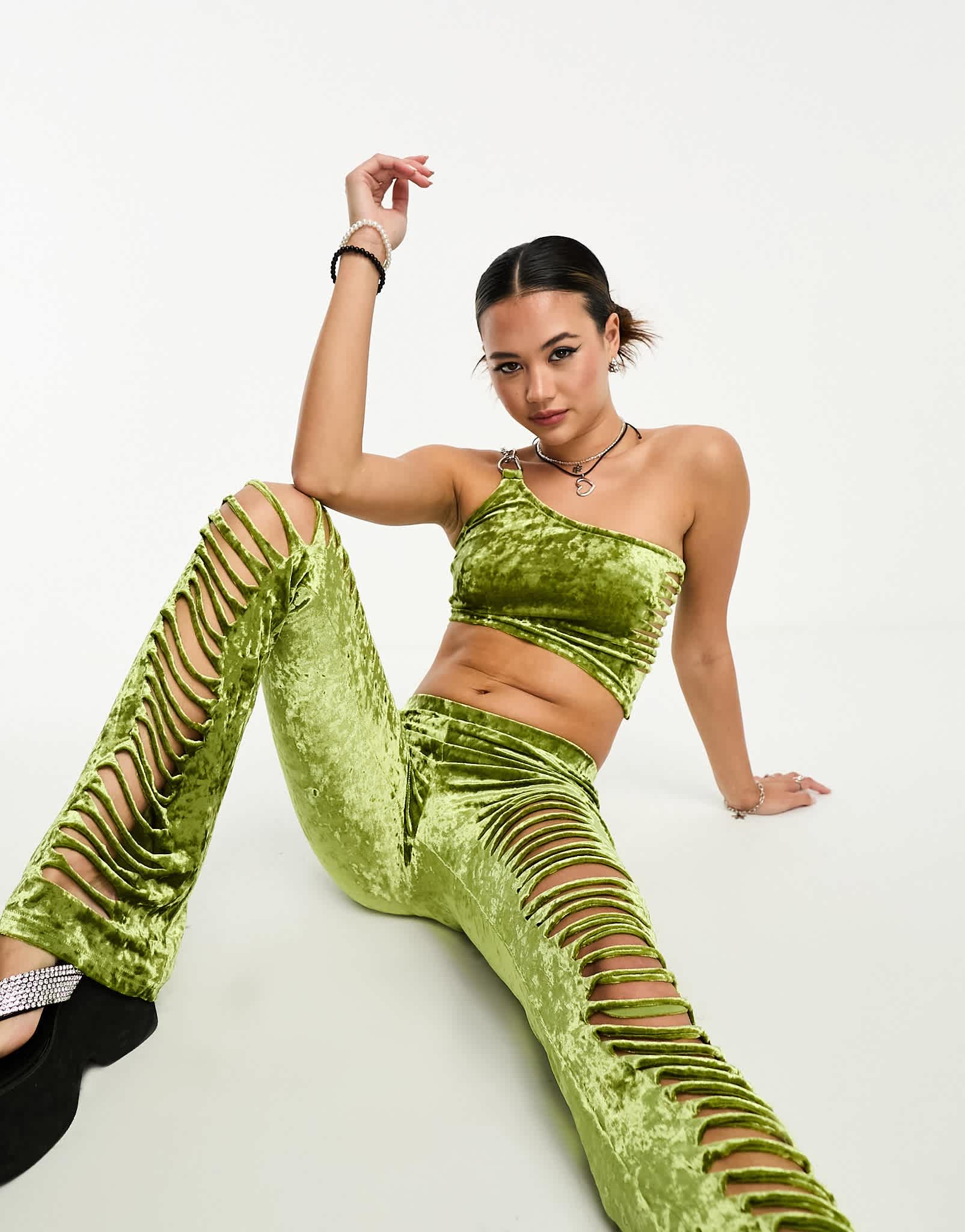 The Ragged Priest slashed velvet one shoulder chain crop top co - ord - ASOS Sample Sale