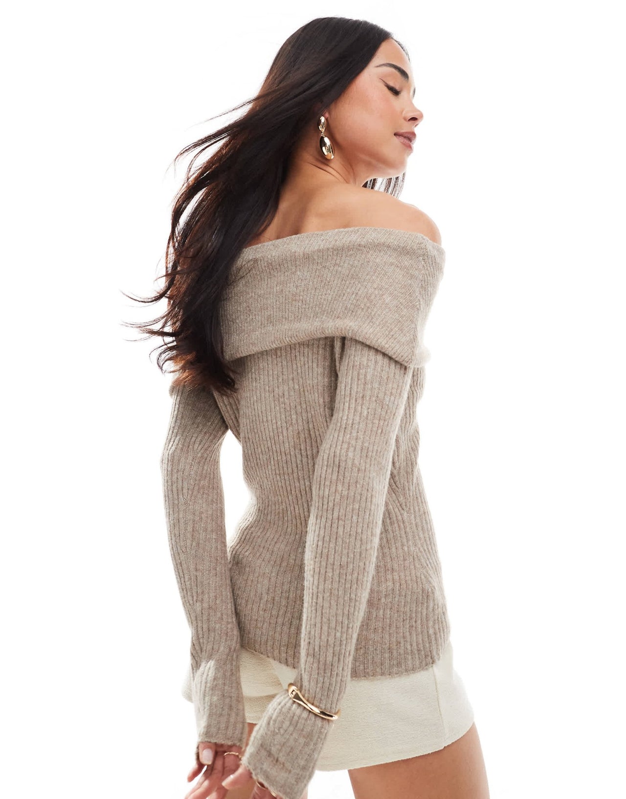 Threadbare bardot off shoulder jumper in light brown - ASOS Sample Sale