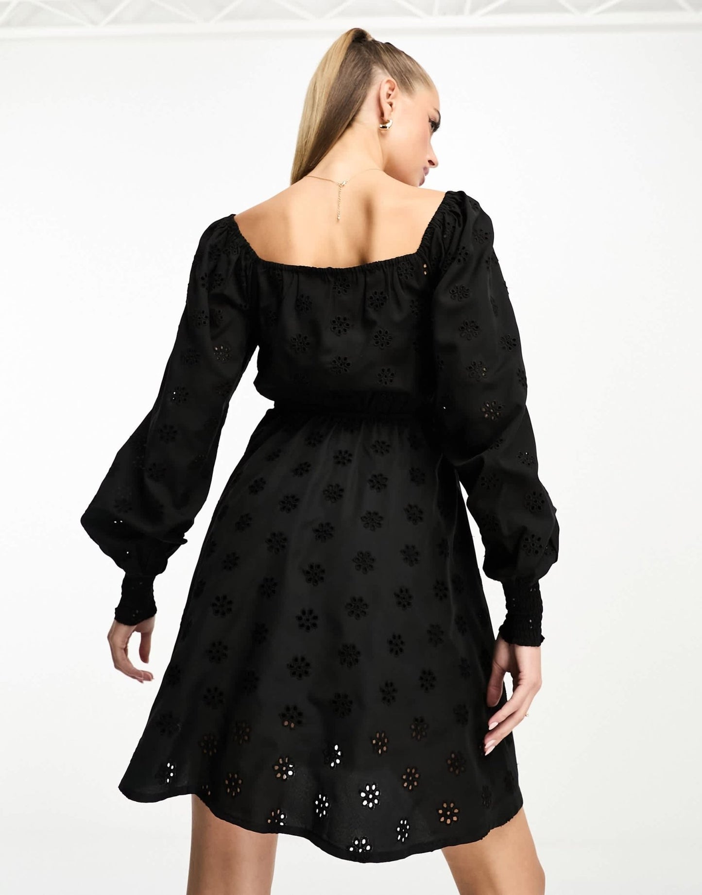 Threadbare broderie long sleeve mini dress in black - ASOS Sample Sale