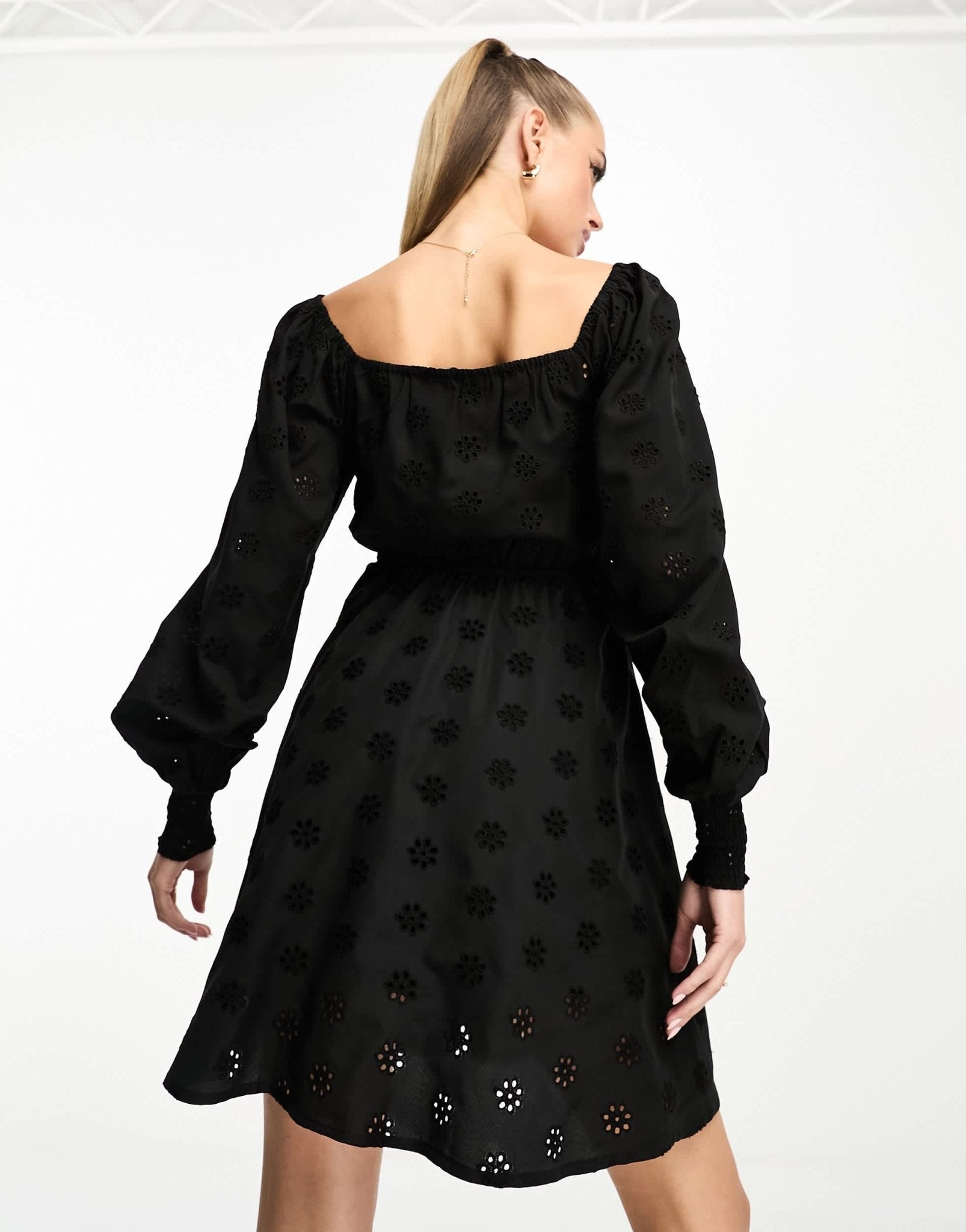 Threadbare broderie long sleeve mini dress in black - ASOS Sample Sale
