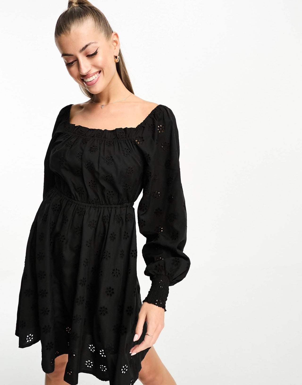 Threadbare broderie long sleeve mini dress in black - ASOS Sample Sale