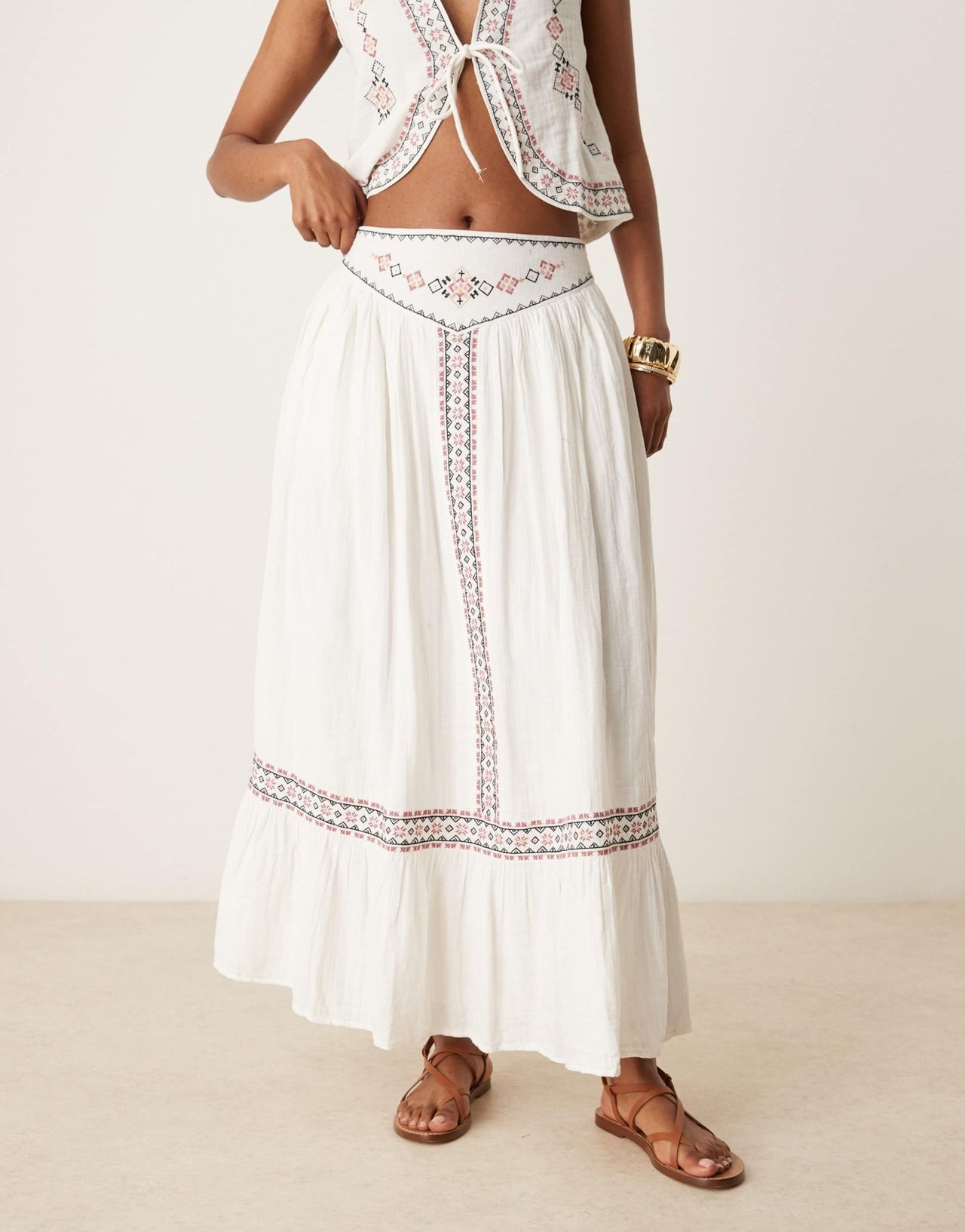 Threadbare cotton rich woven co-ord maxi skirt with embroidery in cream - ASOS Sample Sale